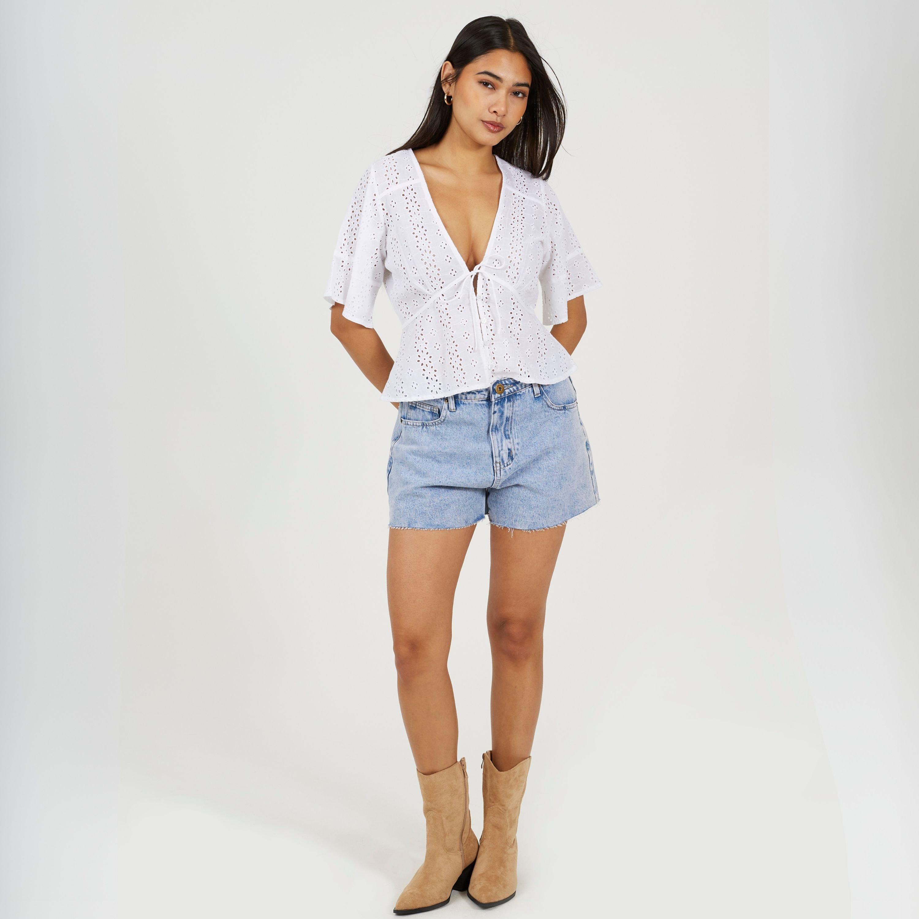 Hvid - Brave Soul - BS Womens Broderie Anglaise Short Sleeve Shirt with Front Tie Detail - 4