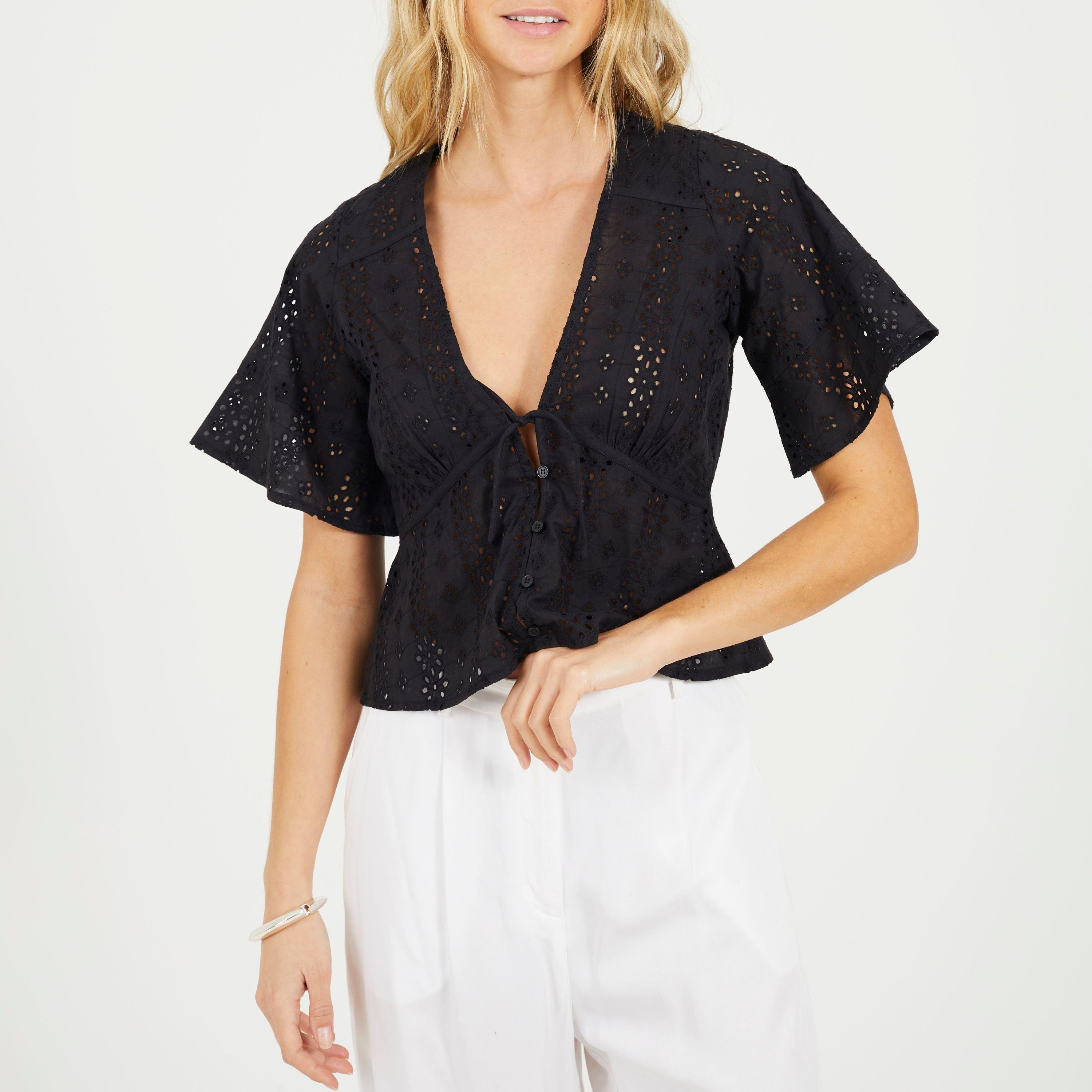 Black - Brave Soul - BS Womens Broderie Anglaise Short Sleeve Shirt with Front Tie Detail - 1