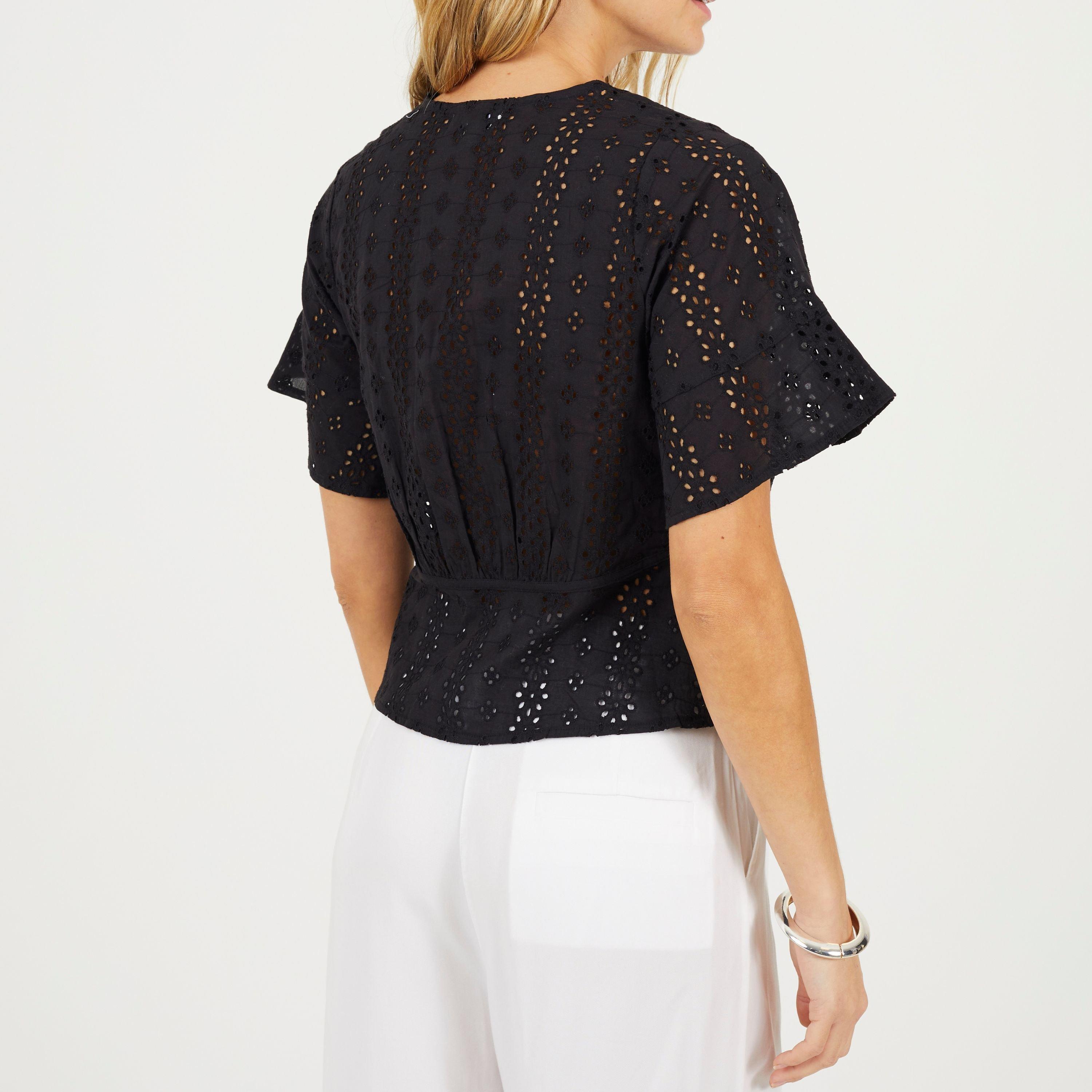 Black - Brave Soul - BS Womens Broderie Anglaise Short Sleeve Shirt with Front Tie Detail - 2