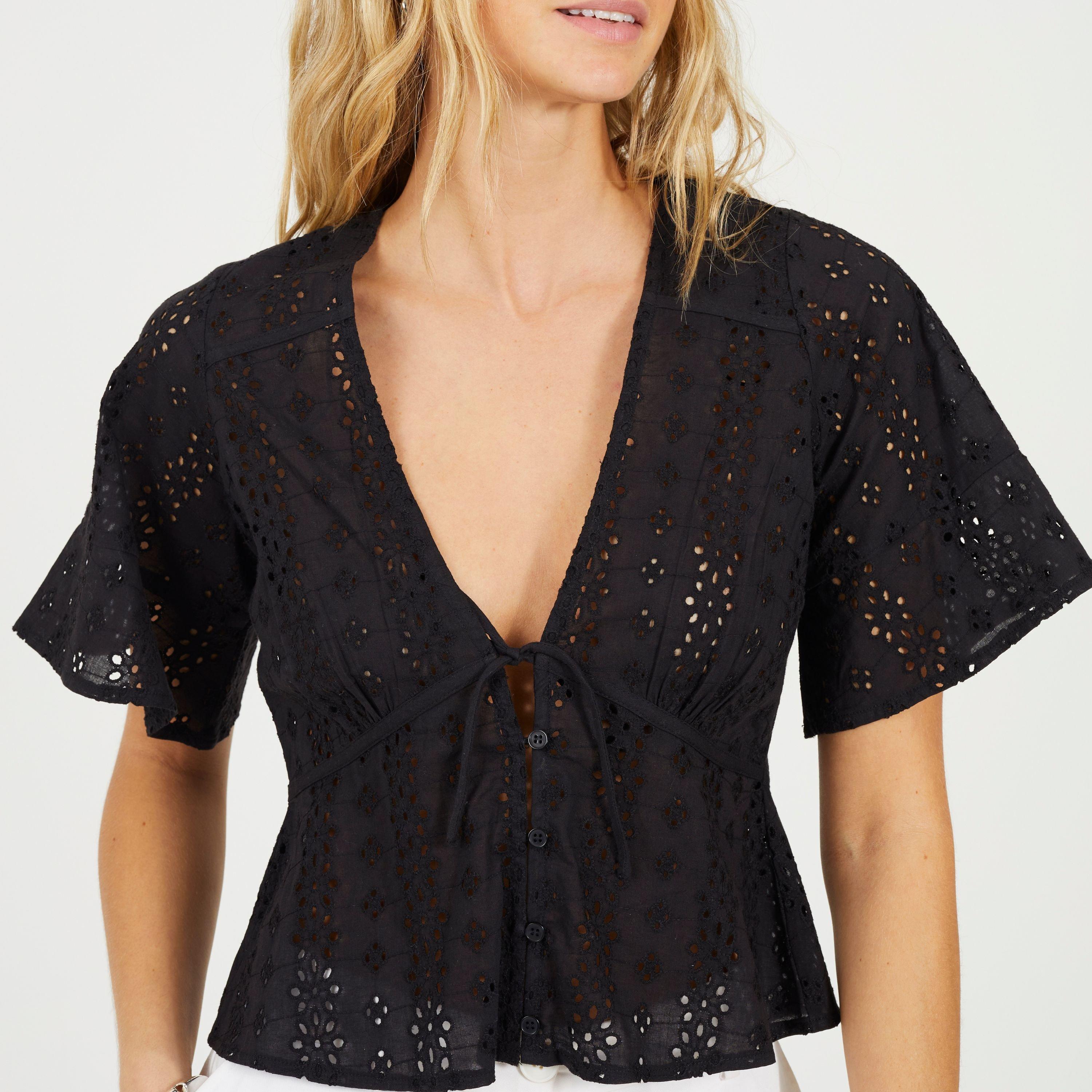 Black - Brave Soul - BS Womens Broderie Anglaise Short Sleeve Shirt with Front Tie Detail - 3