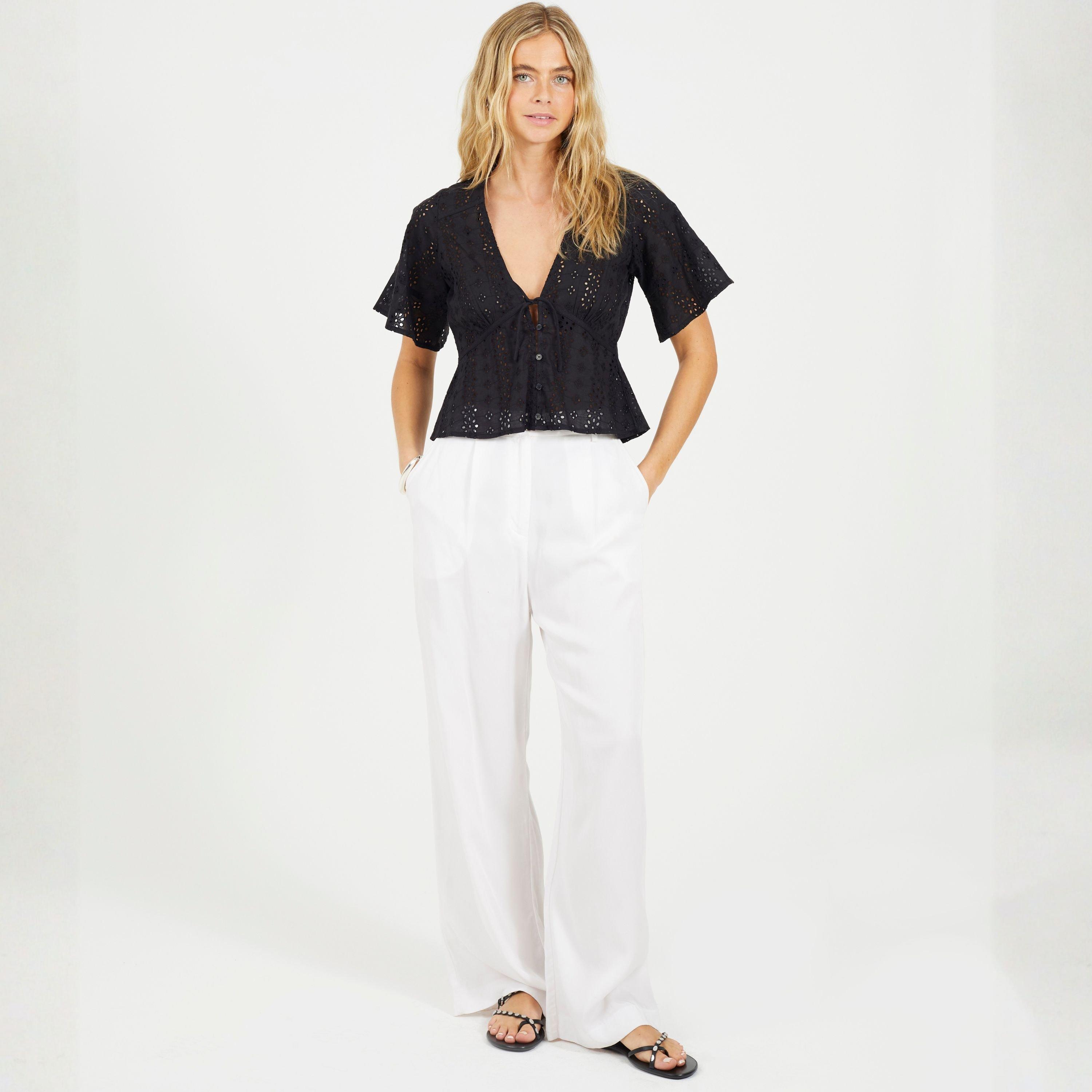 Black - Brave Soul - BS Womens Broderie Anglaise Short Sleeve Shirt with Front Tie Detail - 4