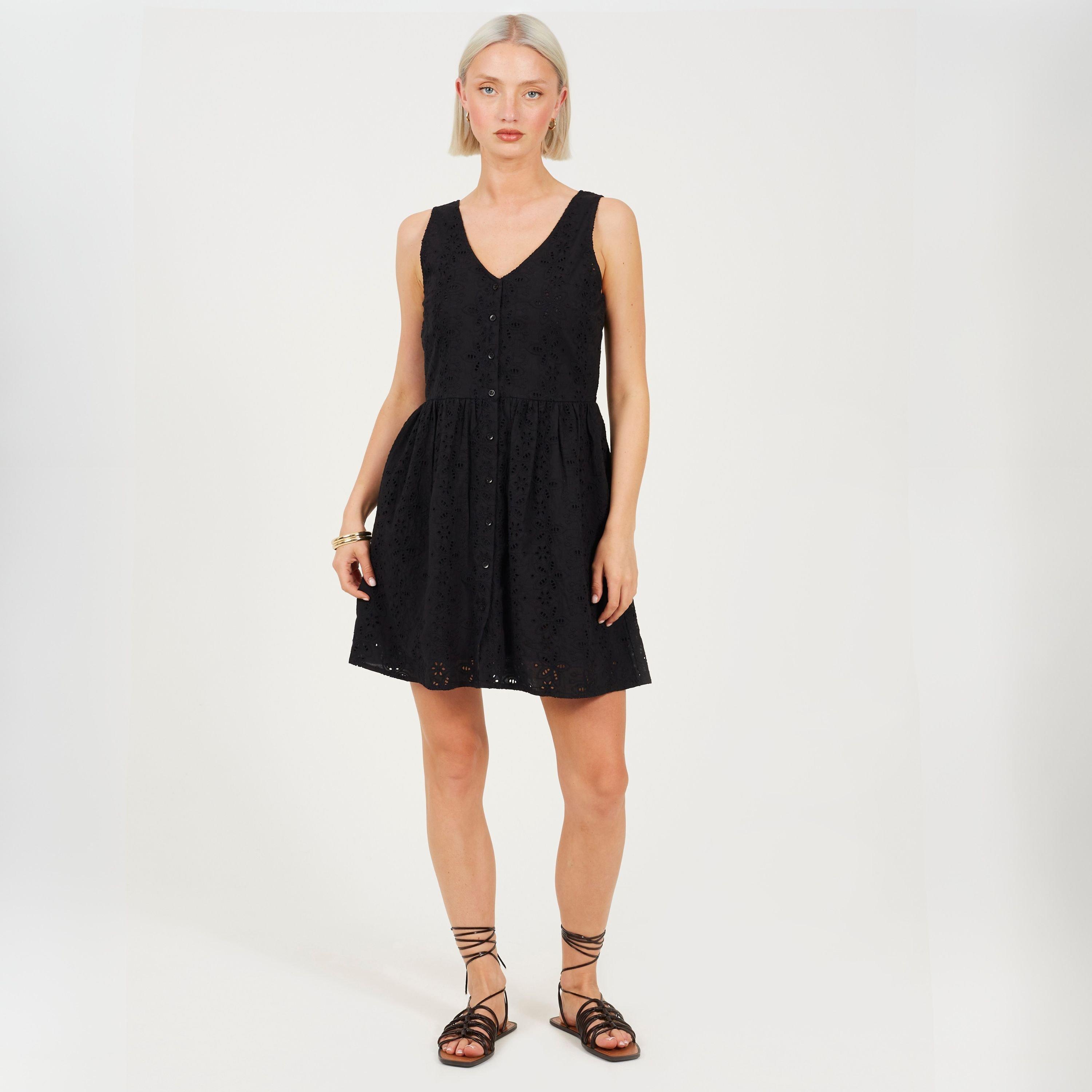 Zwart - Brave Soul - BS Broiderie Mini Dress with Button Fastening - 4