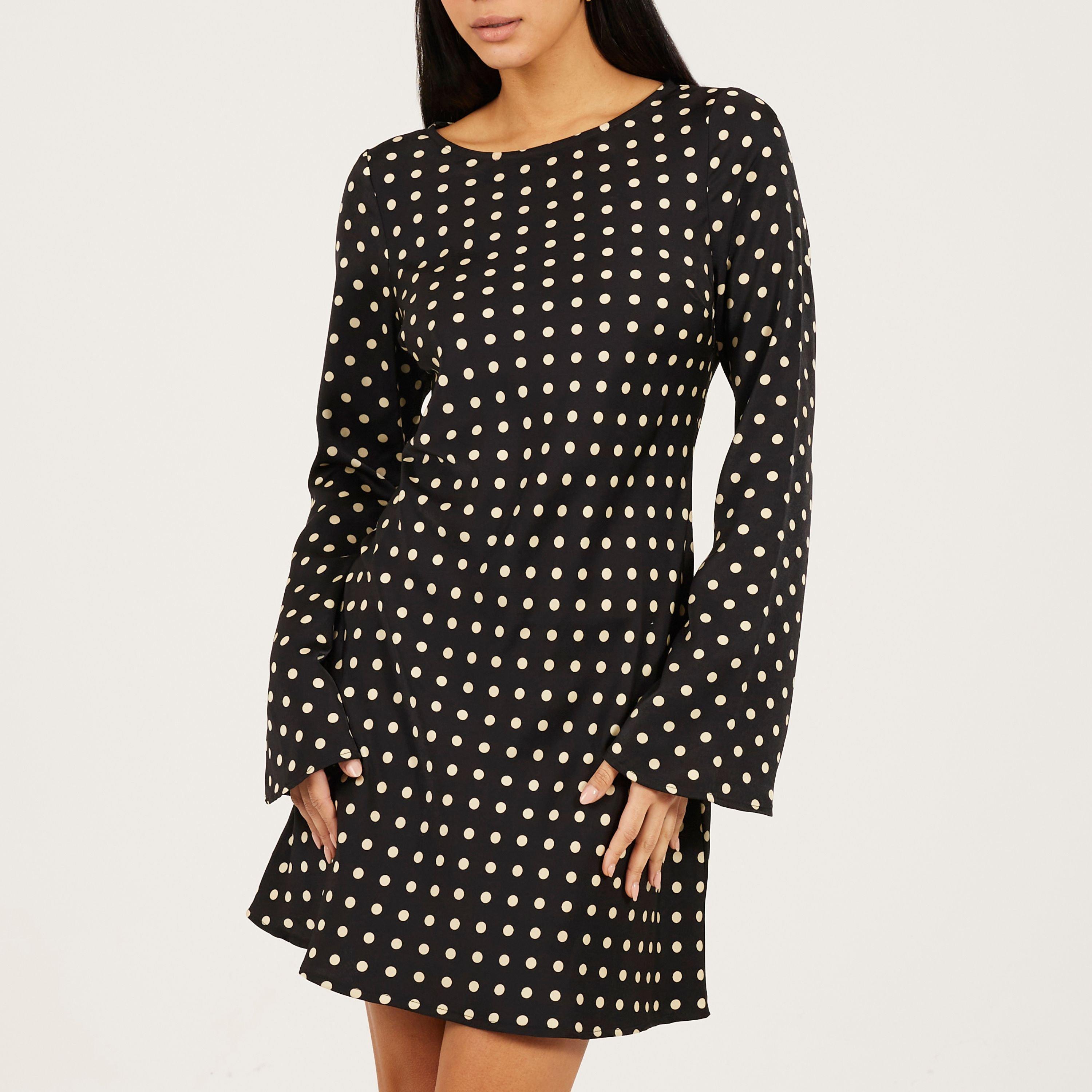 Zwart/Crème - Brave Soul - BS Womens Long Bell Sleeve Polka Dot Mini Dress - 1