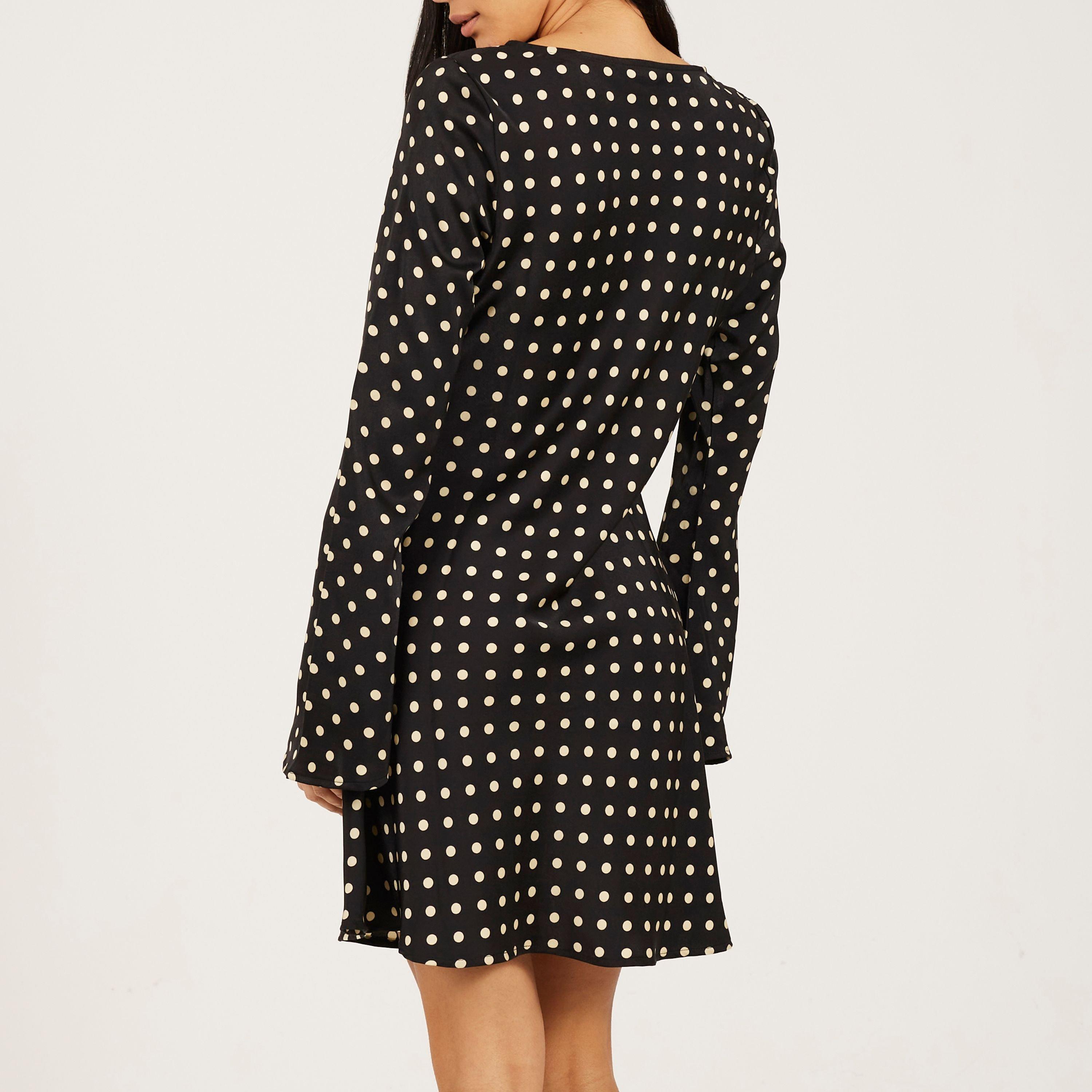 Zwart/Crème - Brave Soul - BS Womens Long Bell Sleeve Polka Dot Mini Dress - 2
