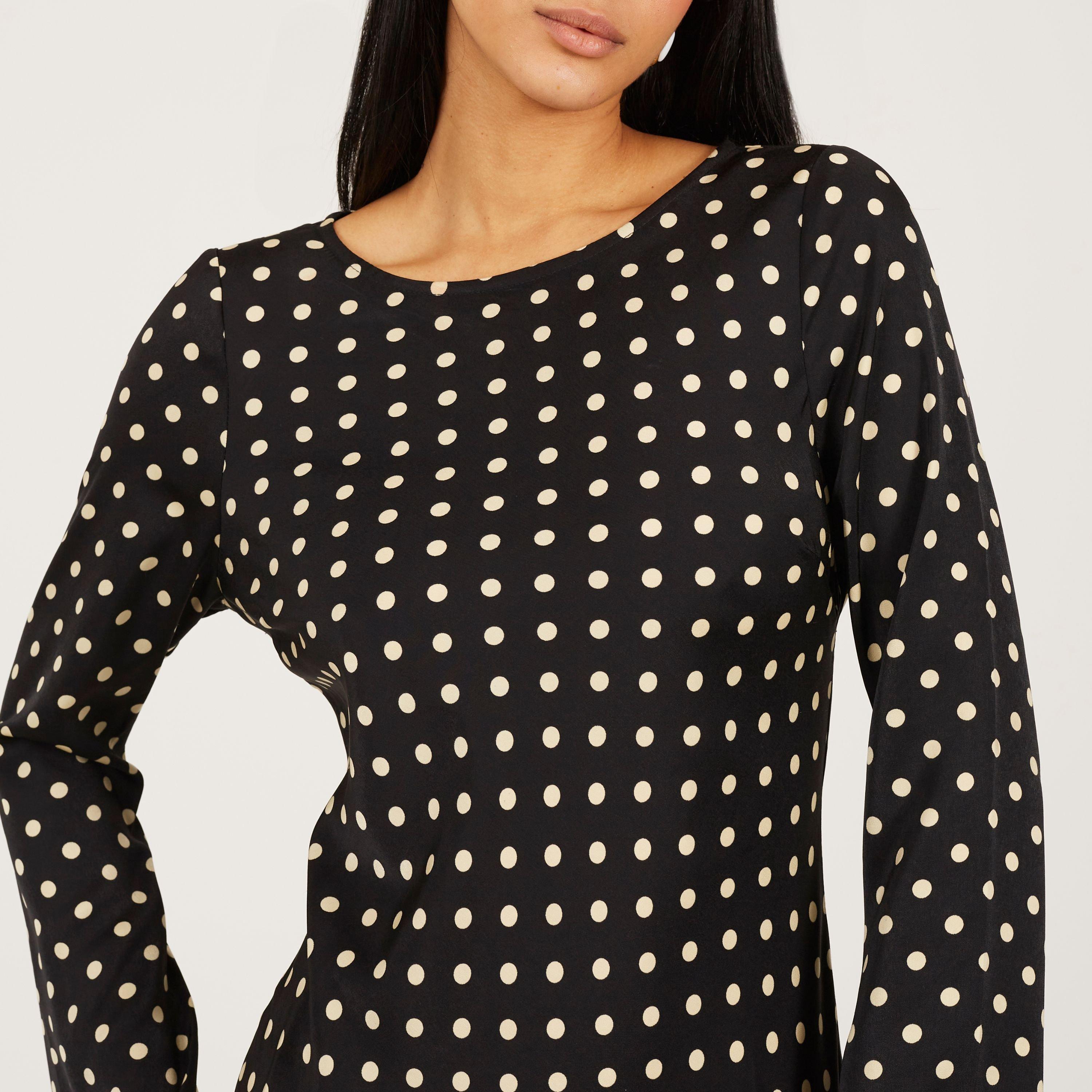 Zwart/Crème - Brave Soul - BS Womens Long Bell Sleeve Polka Dot Mini Dress - 3