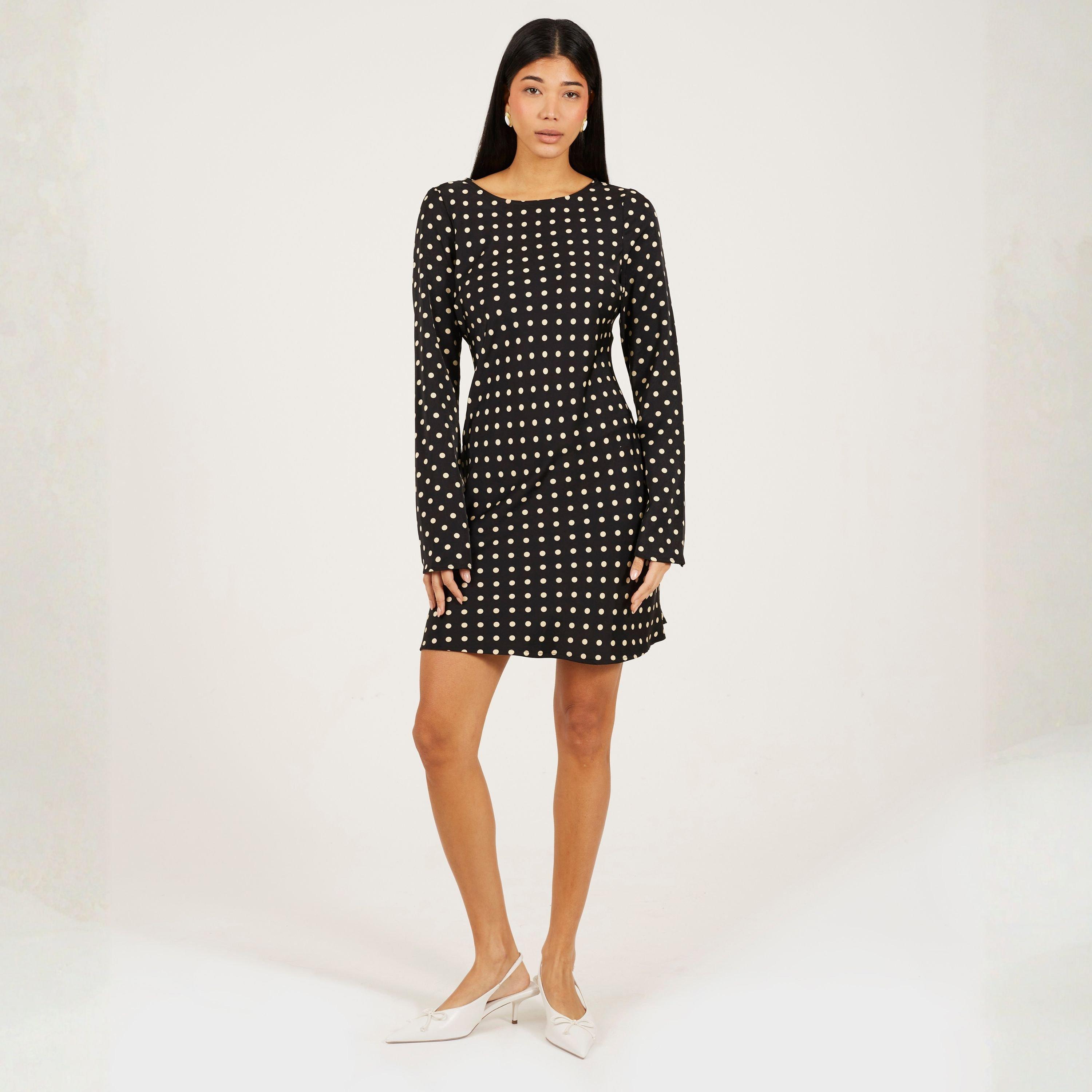 Zwart/Crème - Brave Soul - BS Womens Long Bell Sleeve Polka Dot Mini Dress - 4