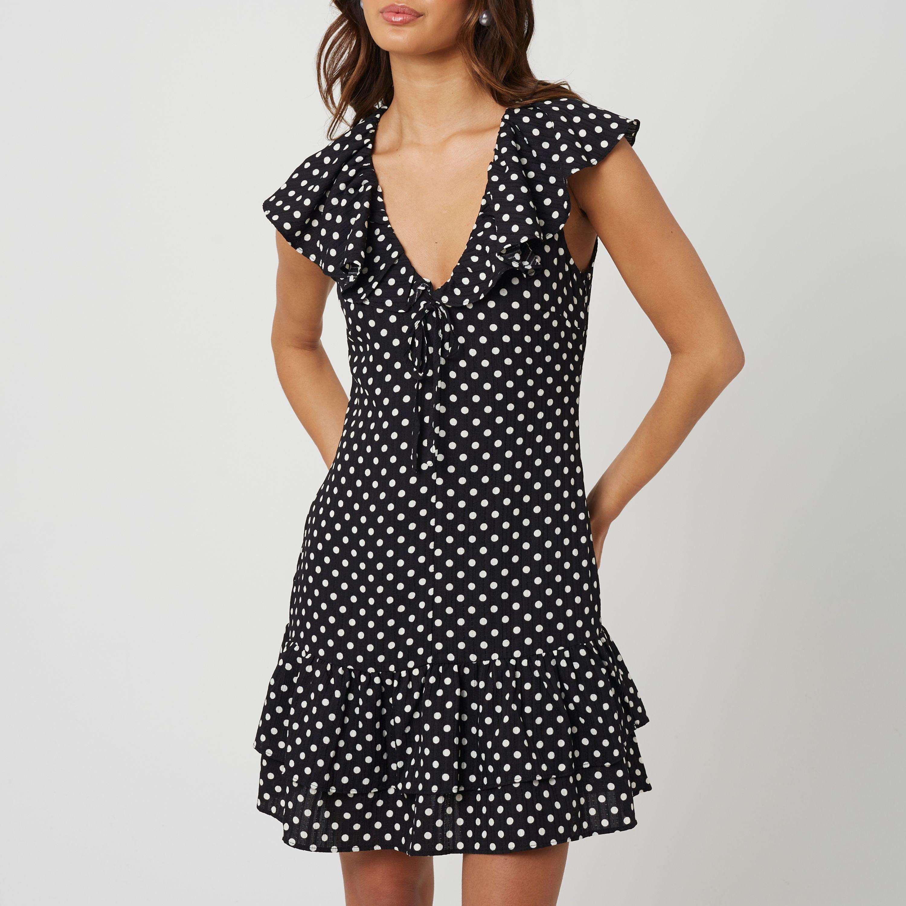 Brave Soul Women's Bs Mini Polka Dot Dress With Frill Detail - Black/Cream - 12 (M)