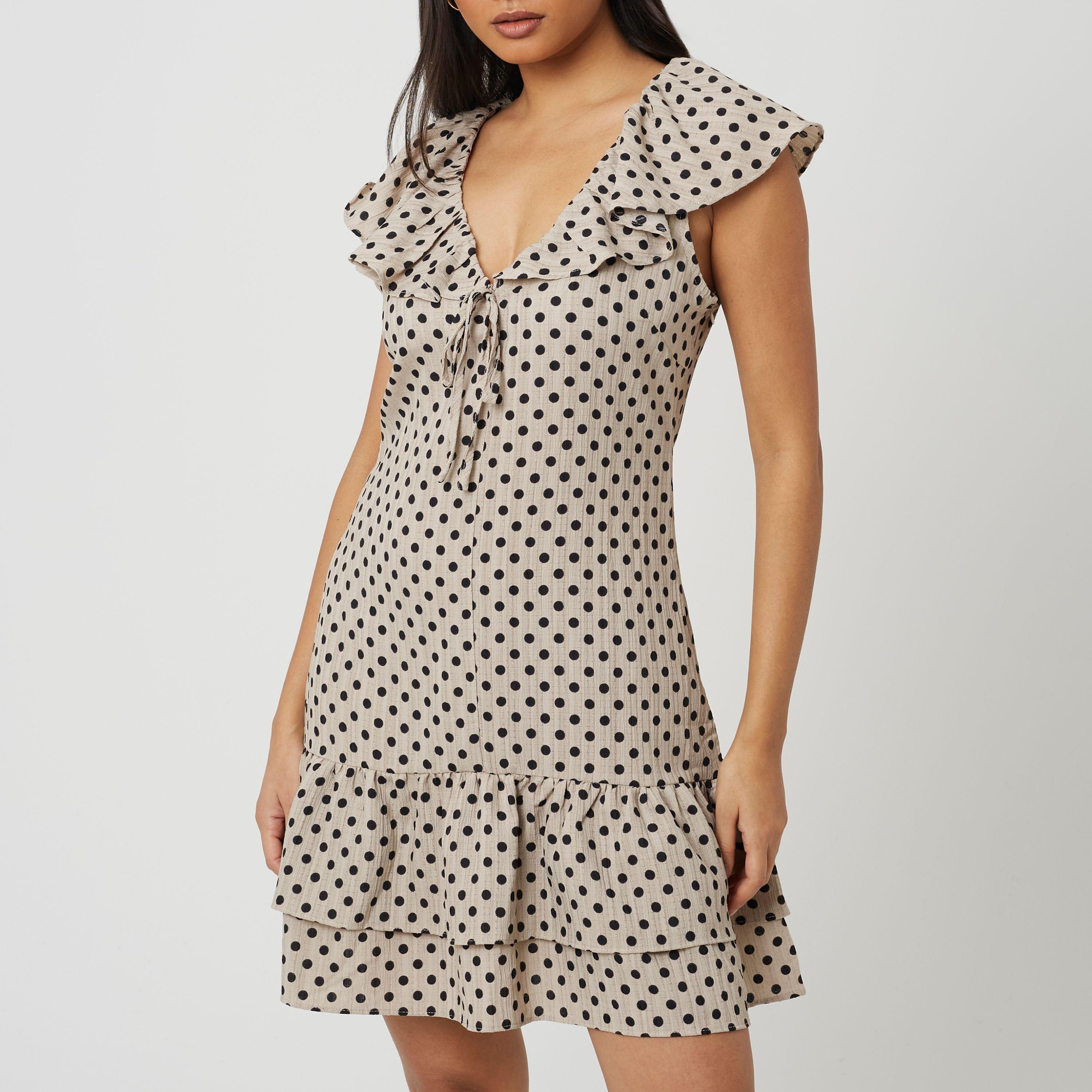 Beige/Black - Brave Soul - BS Womens Mini Polka Dot Dress with Frill Detail - 1