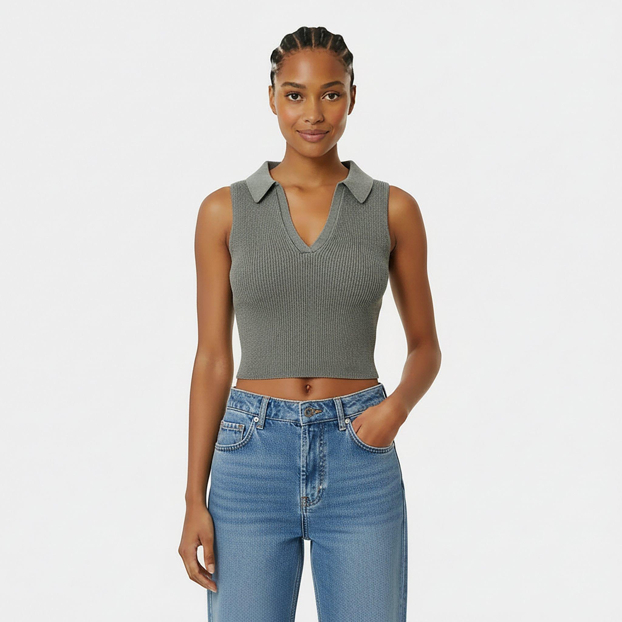 Muted Khaki - Jack Wills - Knitted Polo Crop Top - 3