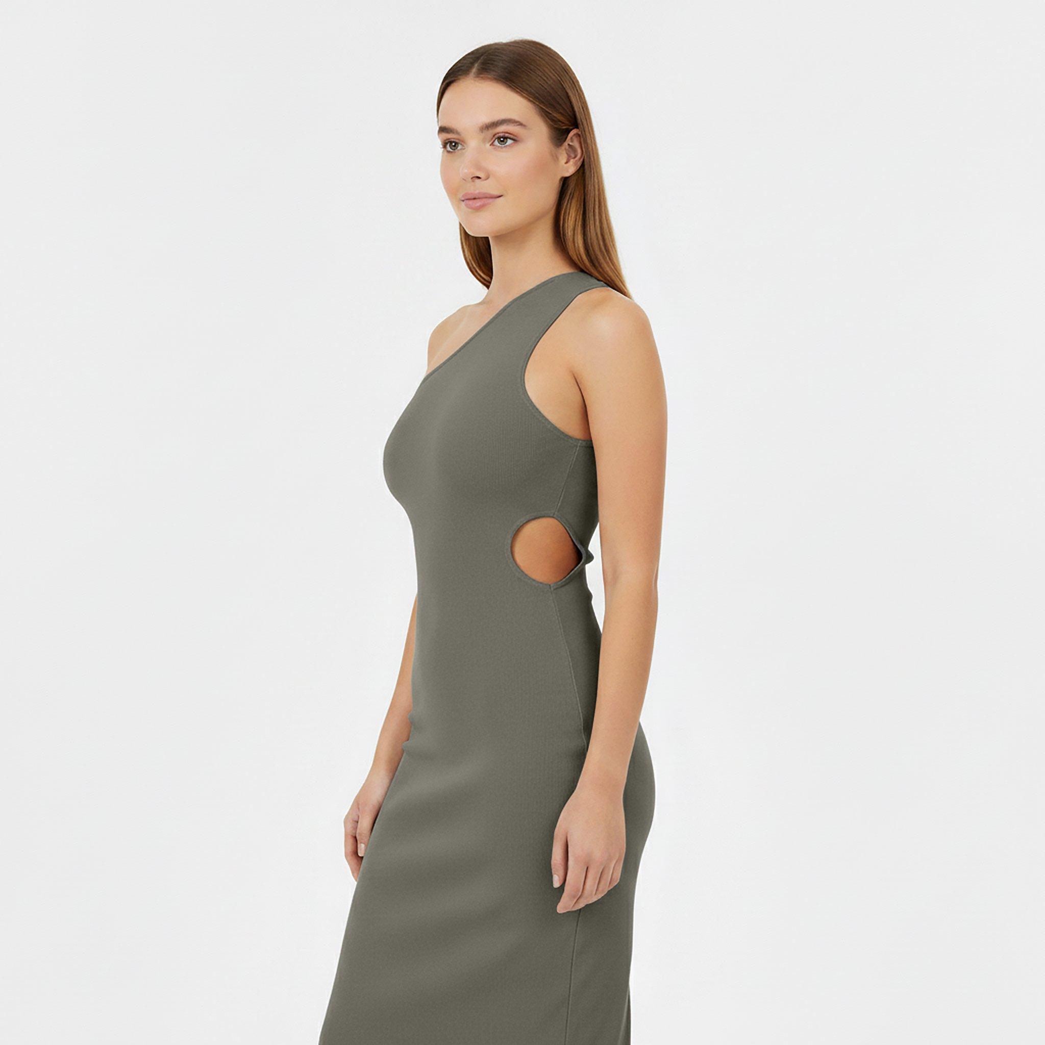 Muted Khaki - Jack Wills - Knitted Asymmetric Cut Out Midi Dress - 5