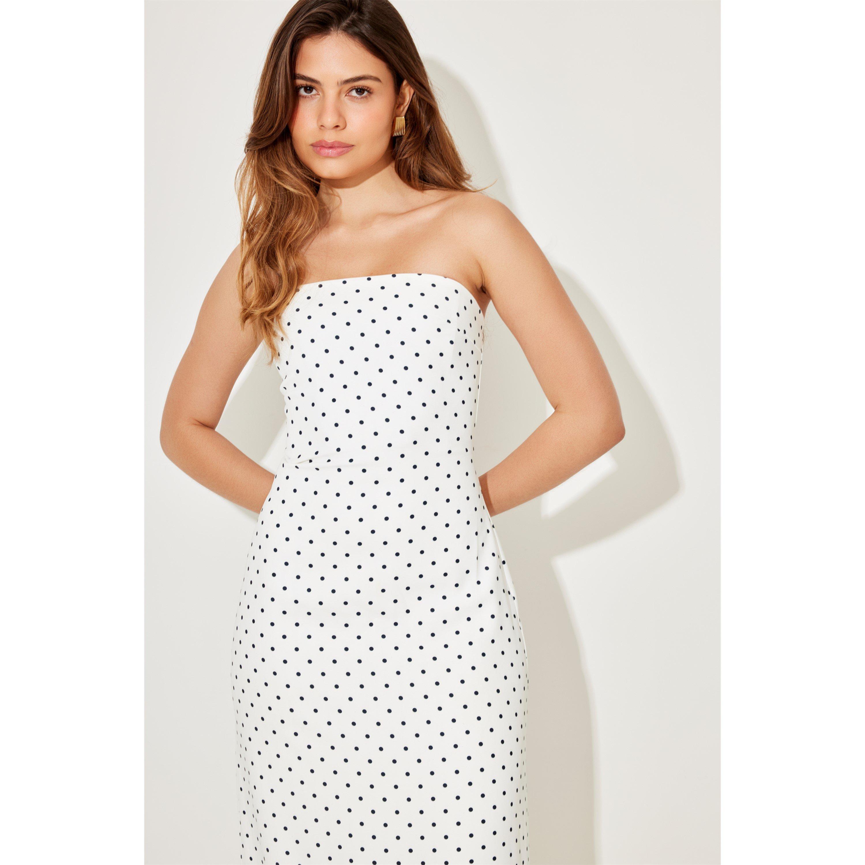 White Polka - Odd Muse - Ultimate Muse Strapless Peplum Hem Midi Dress - 2
