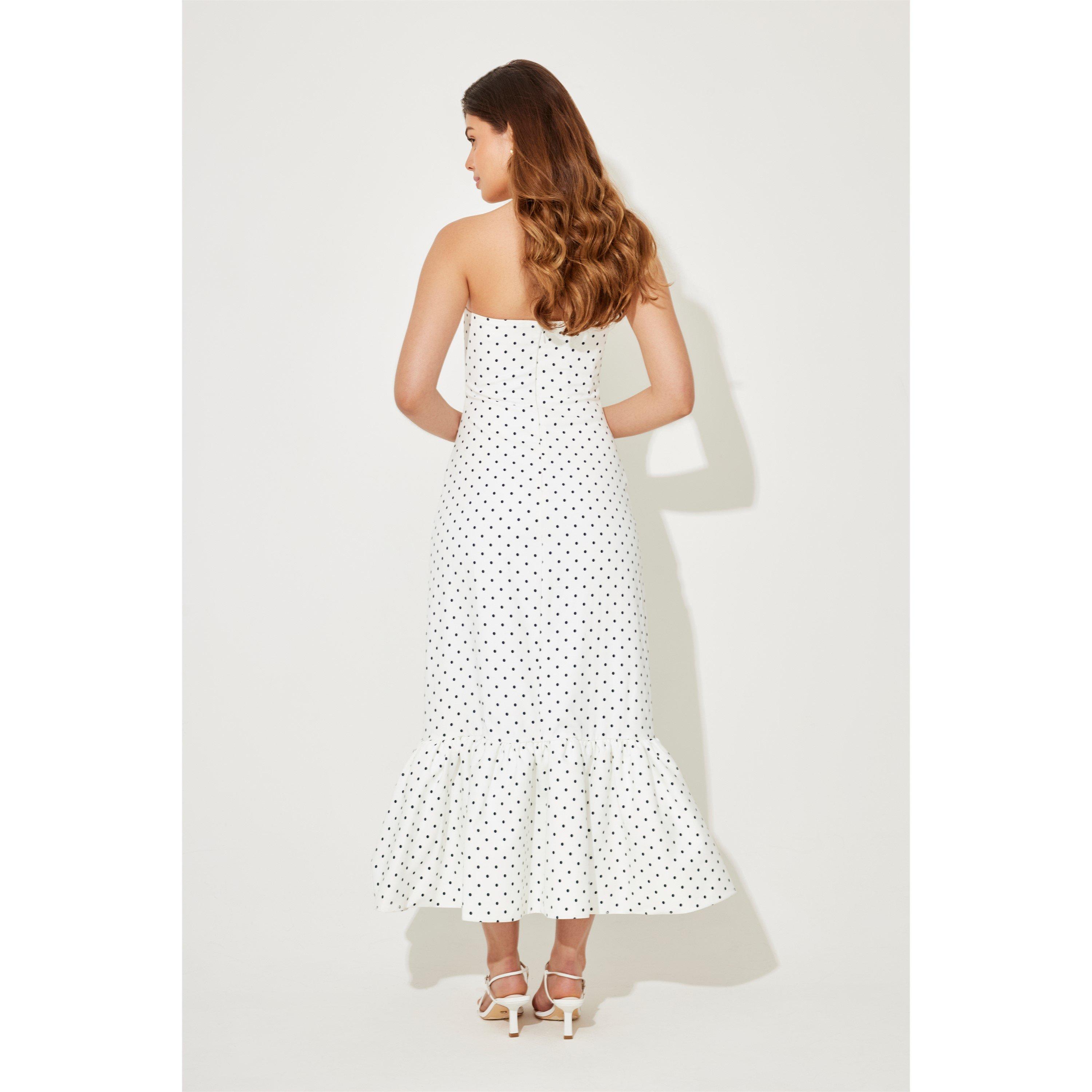 White Polka - Odd Muse - Ultimate Muse Strapless Peplum Hem Midi Dress - 3