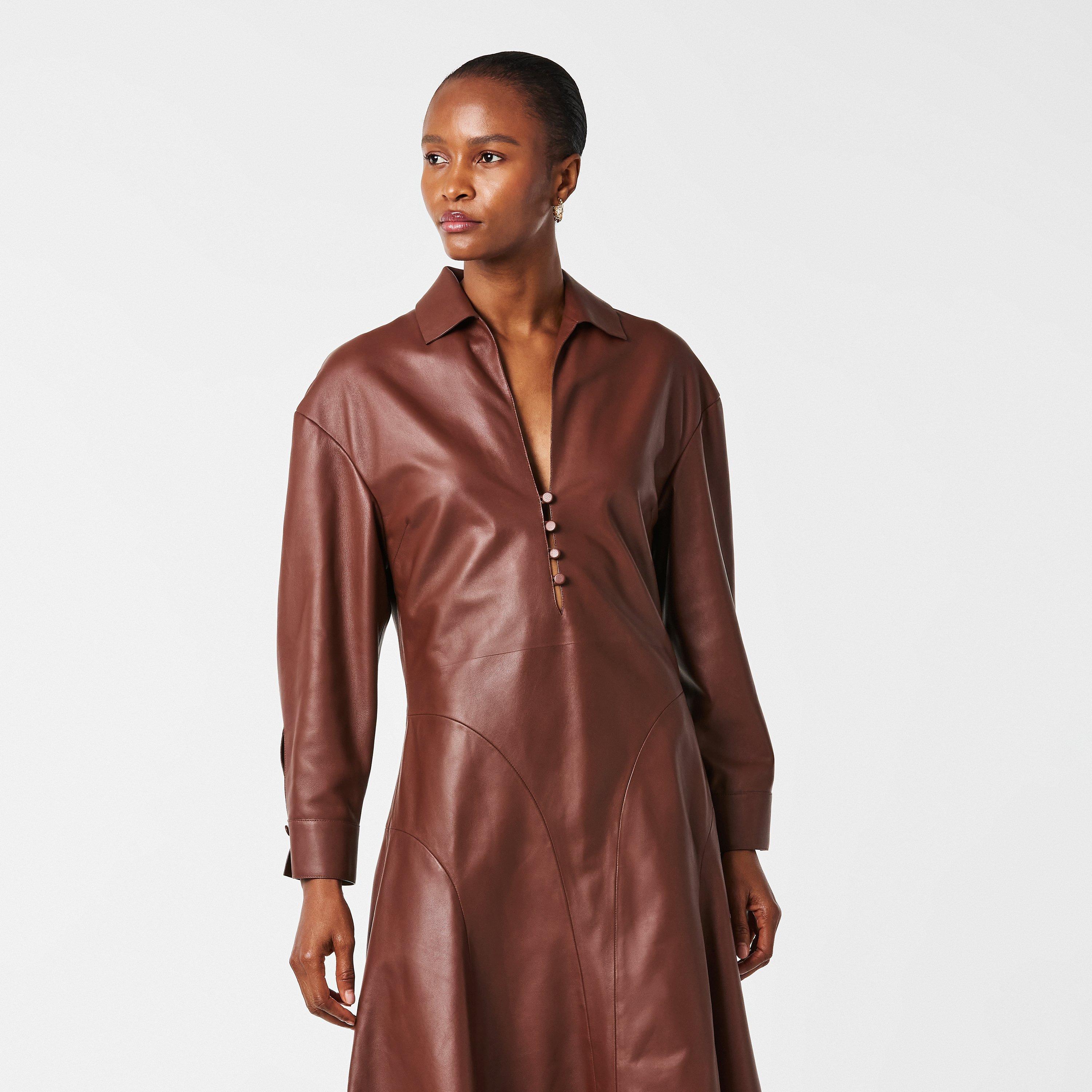 Tobacco - Fendi - Women's Leather A Line Dress - 3