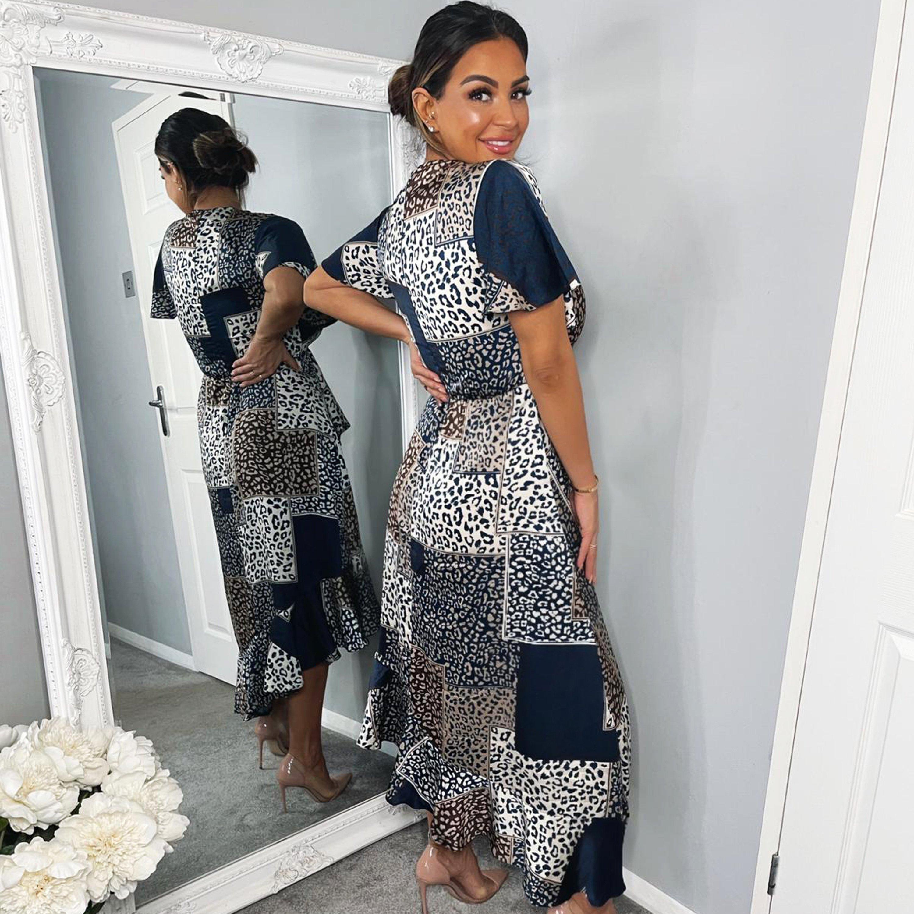 Navy - AX Paris - Animal Print Patchwork Wrap Midi Dress - 2