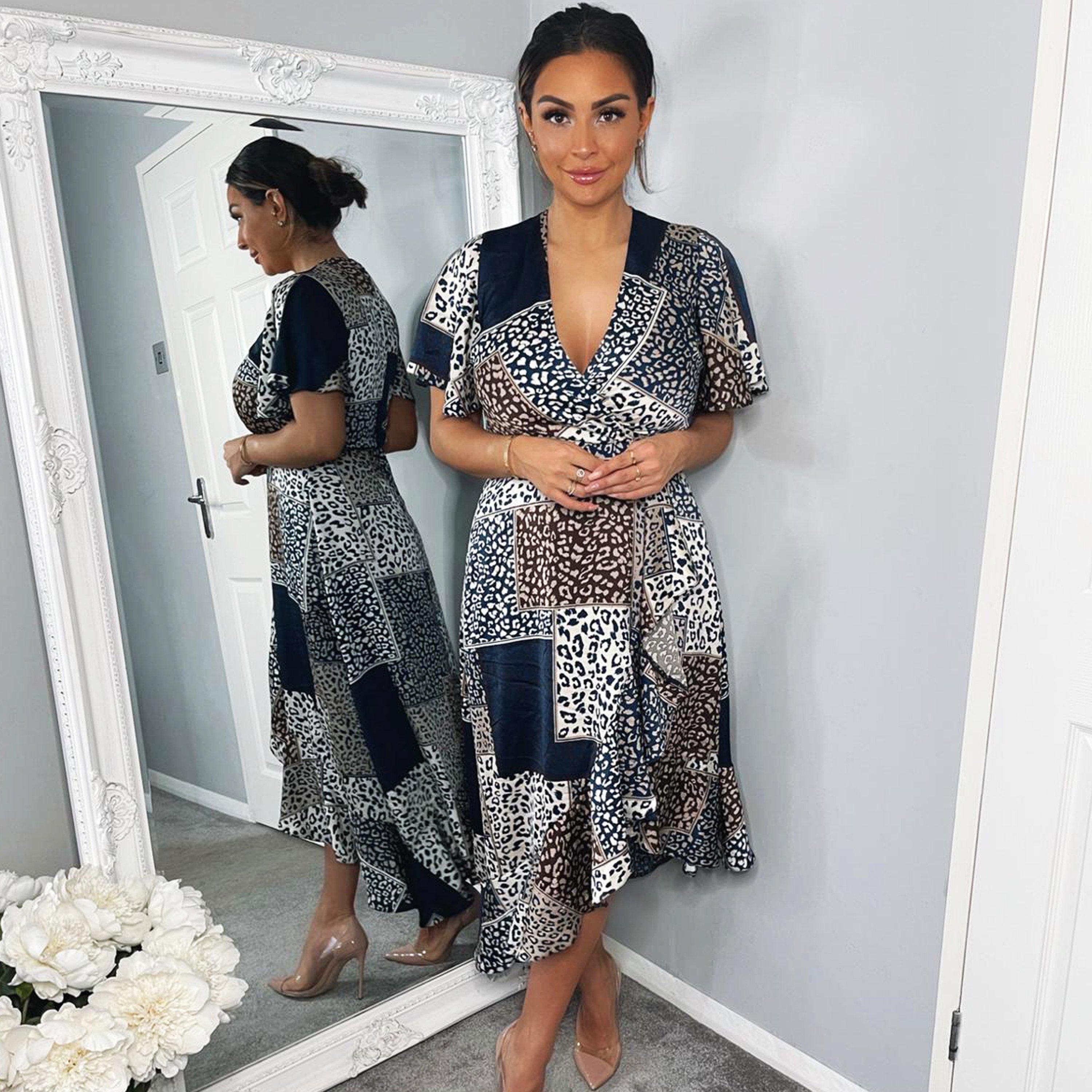 Navy - AX Paris - Animal Print Patchwork Wrap Midi Dress - 4