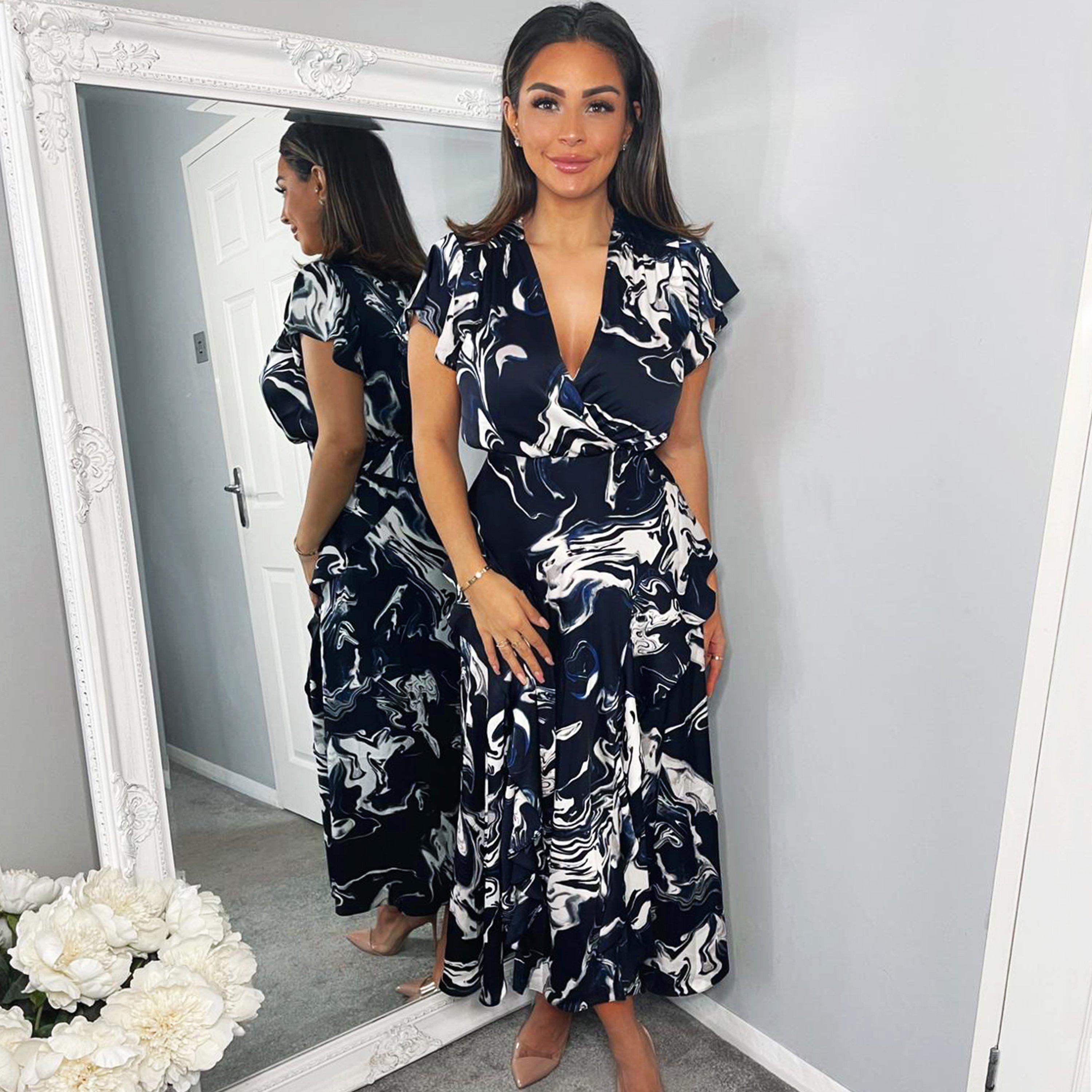Navy - AX Paris - Navy Marble Print Short Sleeve Ruffle Midi Dress - 1