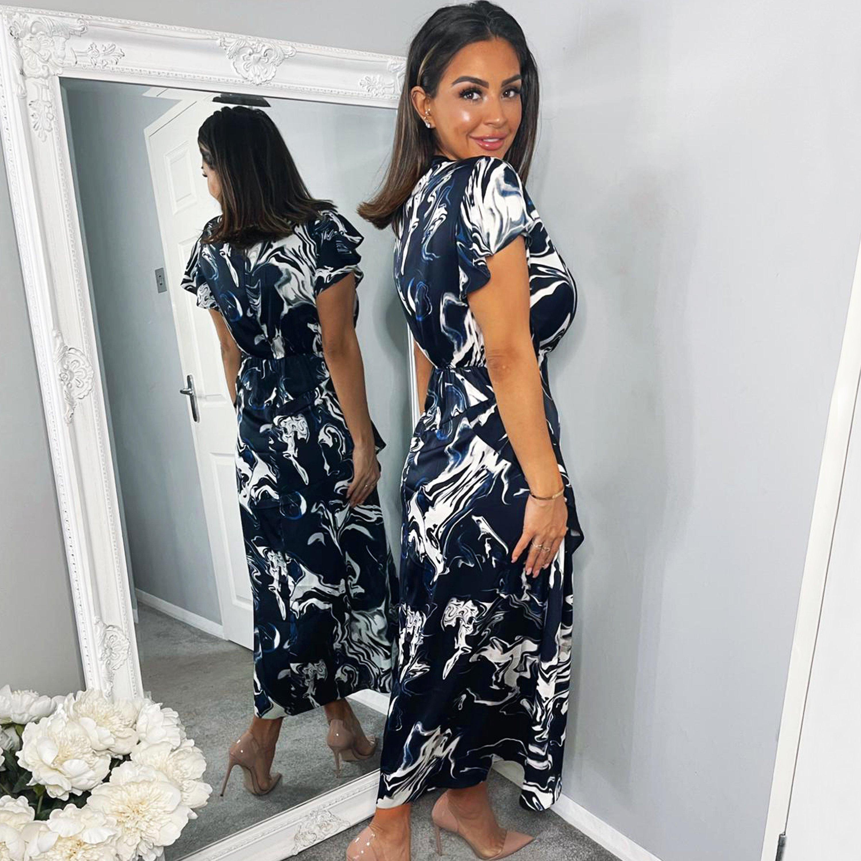 Navy - AX Paris - Marble Print Short Sleeve Ruffle Midi Dress - 2