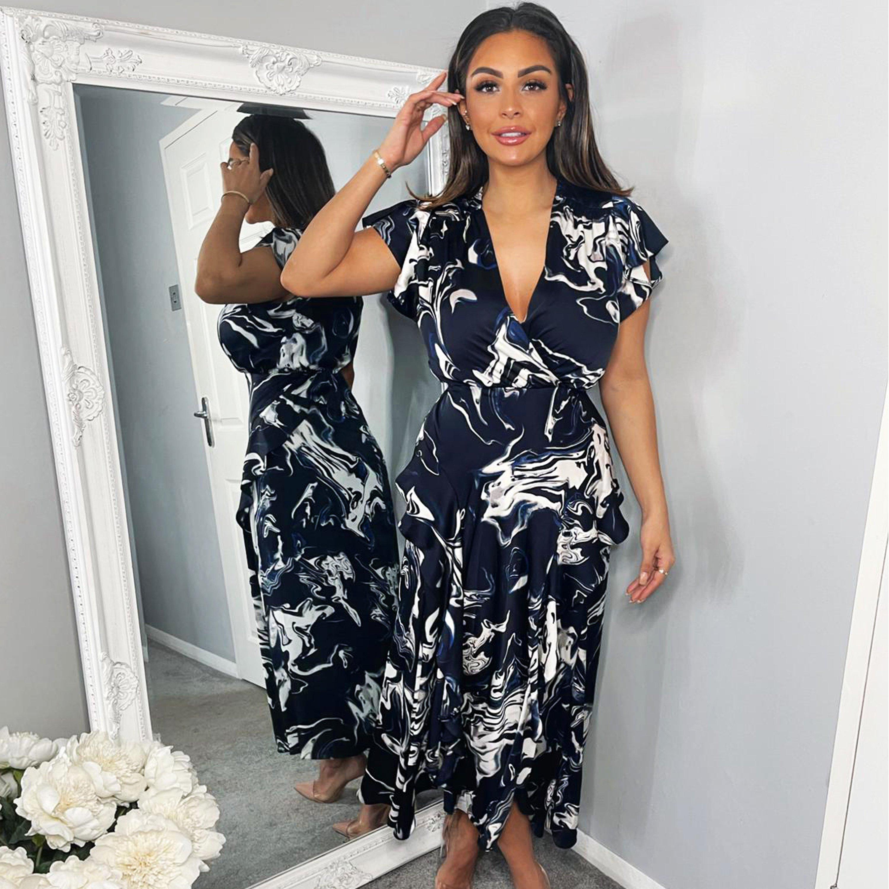 Navy - AX Paris - Marble Print Short Sleeve Ruffle Midi Dress - 3