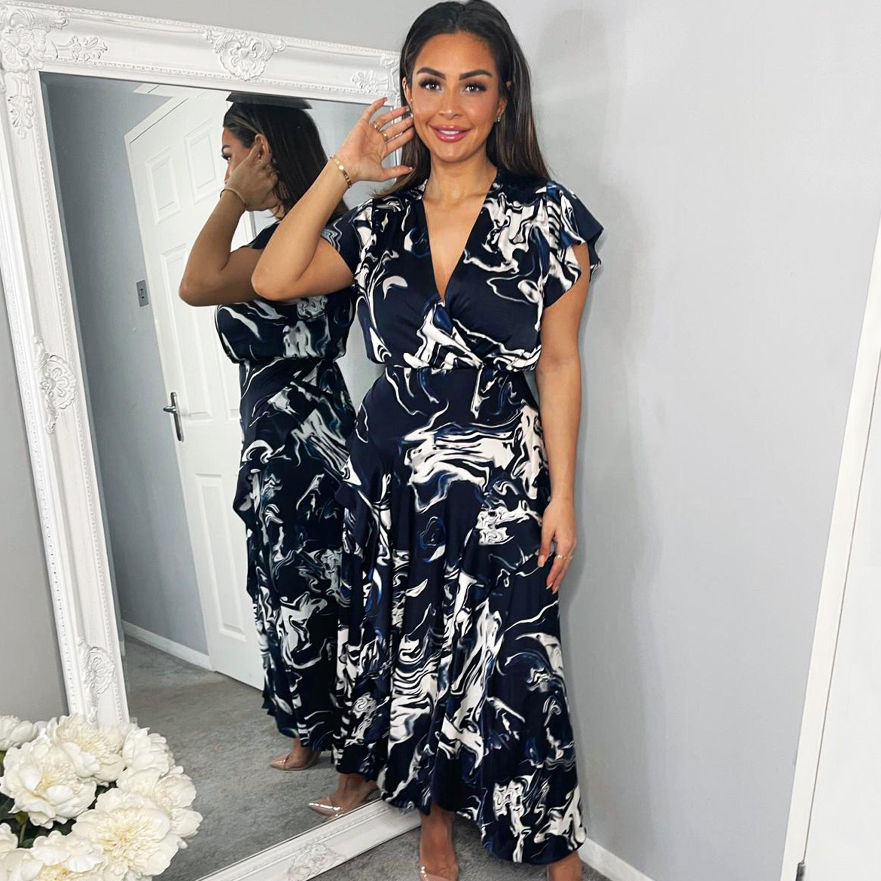 Navy - AX Paris - Marble Print Short Sleeve Ruffle Midi Dress - 4