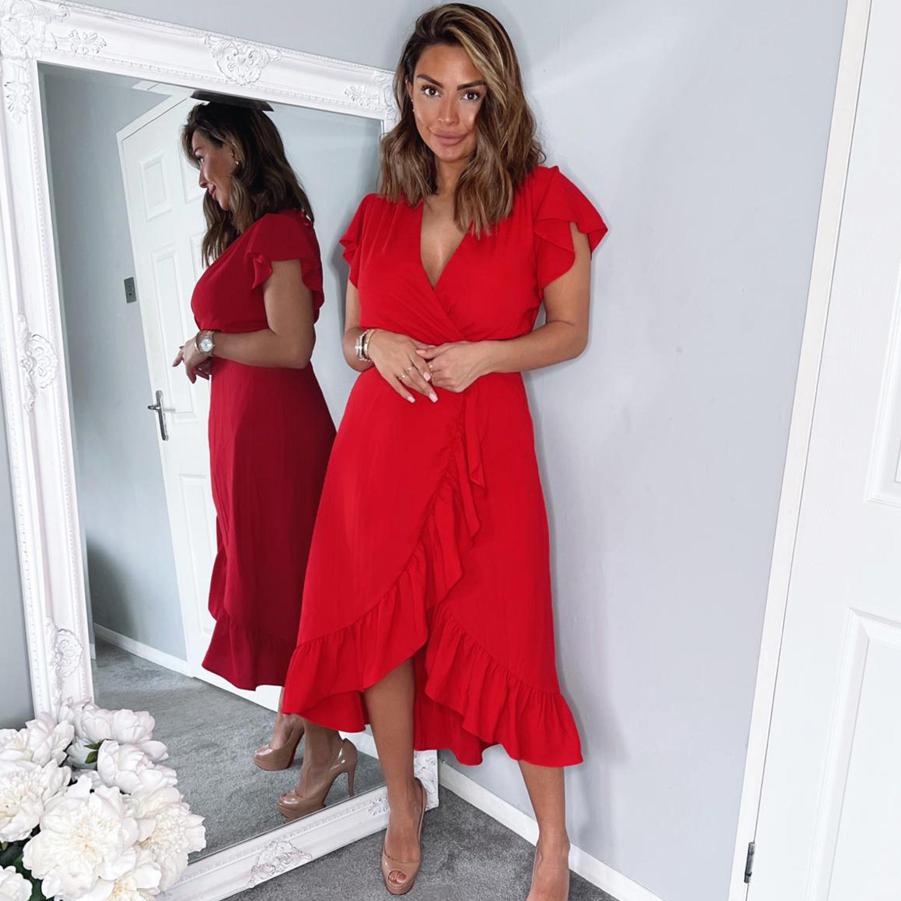 Red - AX Paris - Over Frill Hem Short Sleeve Midi Dress - 4