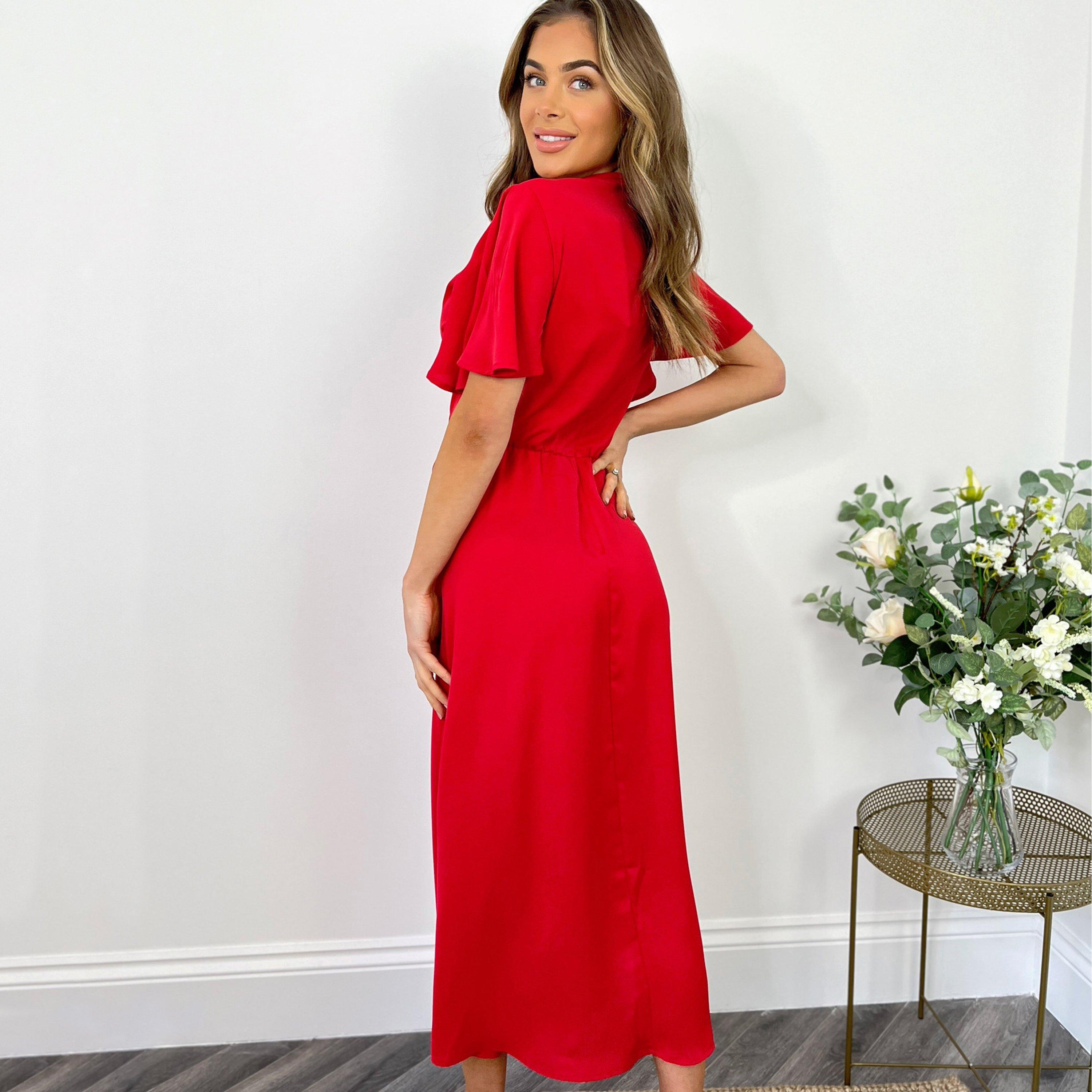 Red - AX Paris - Ruched Split Leg Midi Dress - 2