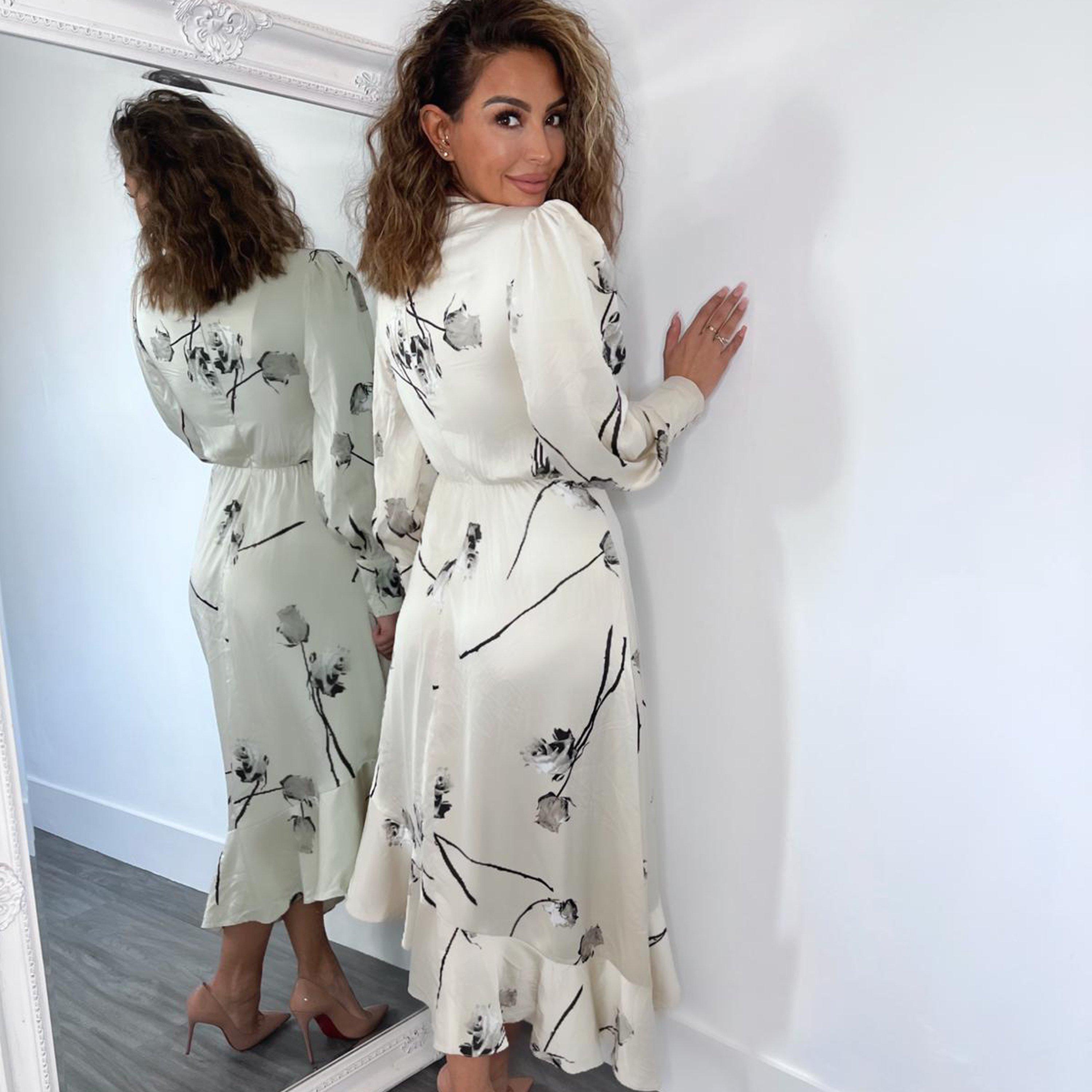 Stone - AX Paris - Floral Printed Wrap Over Long Sleeve Dress - 2