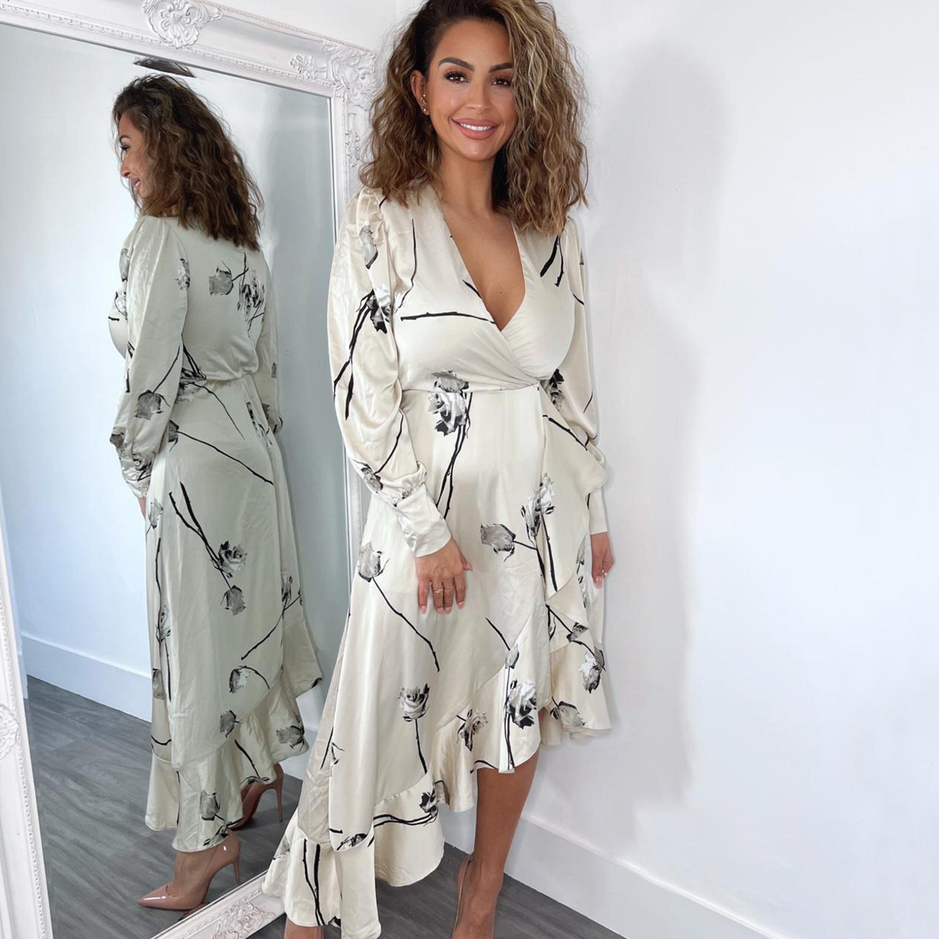 Stone - AX Paris - Floral Printed Wrap Over Long Sleeve Dress - 3