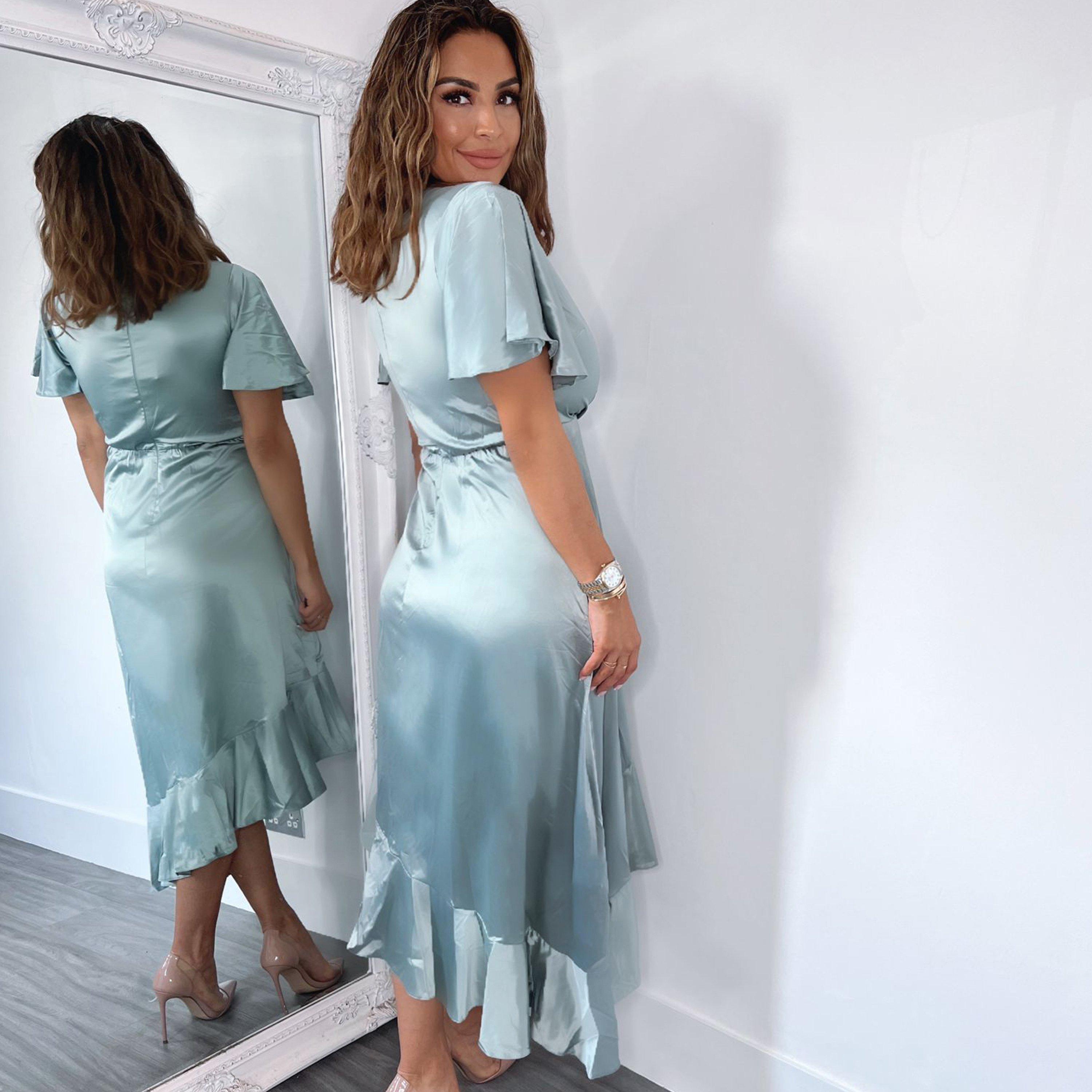 Duck Egg - AX Paris - Egg Satin Frill Hem Short Sleeve Midi Dress - 2