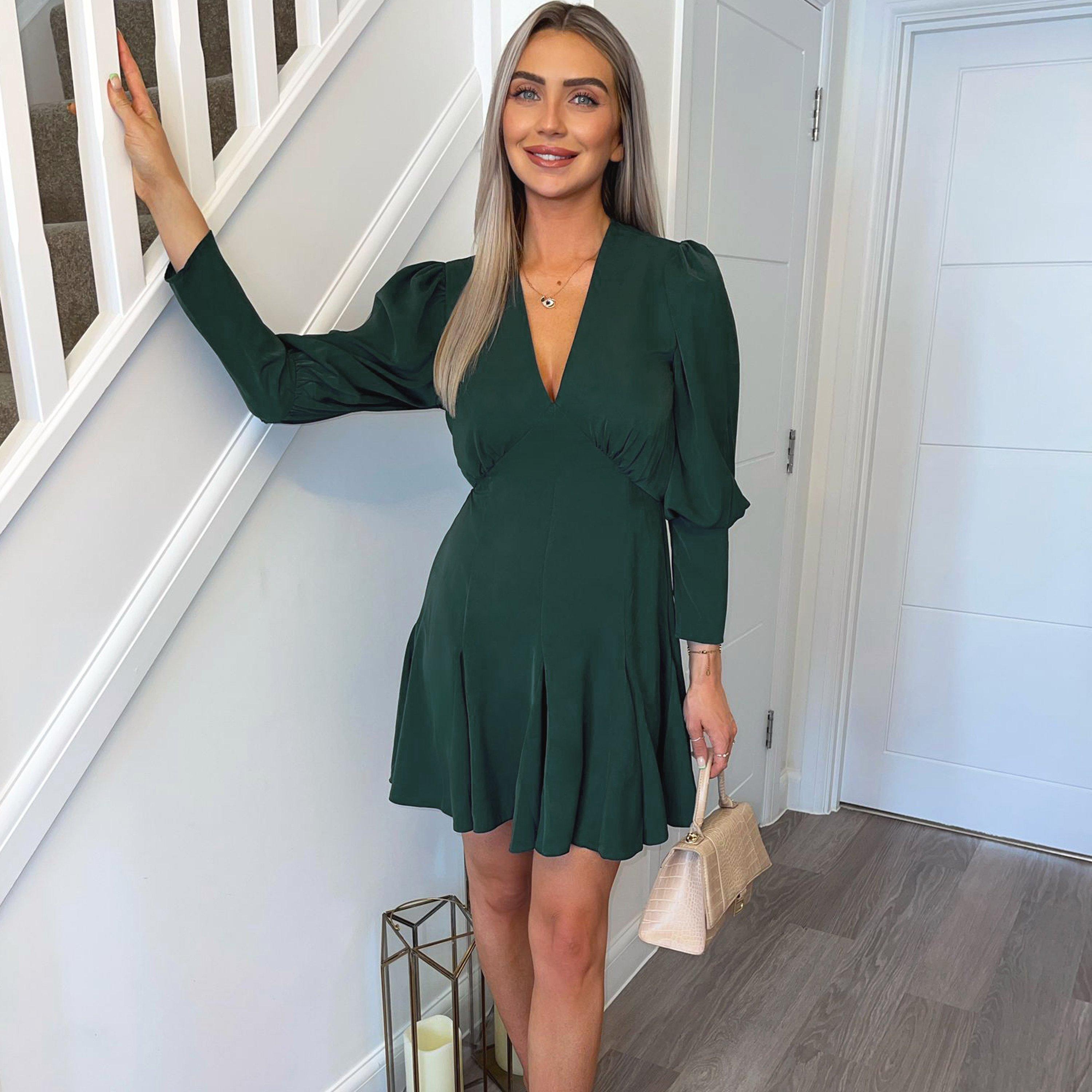 Teal - AX Paris - V-Neck Long Sleeve Skater Dress - 1