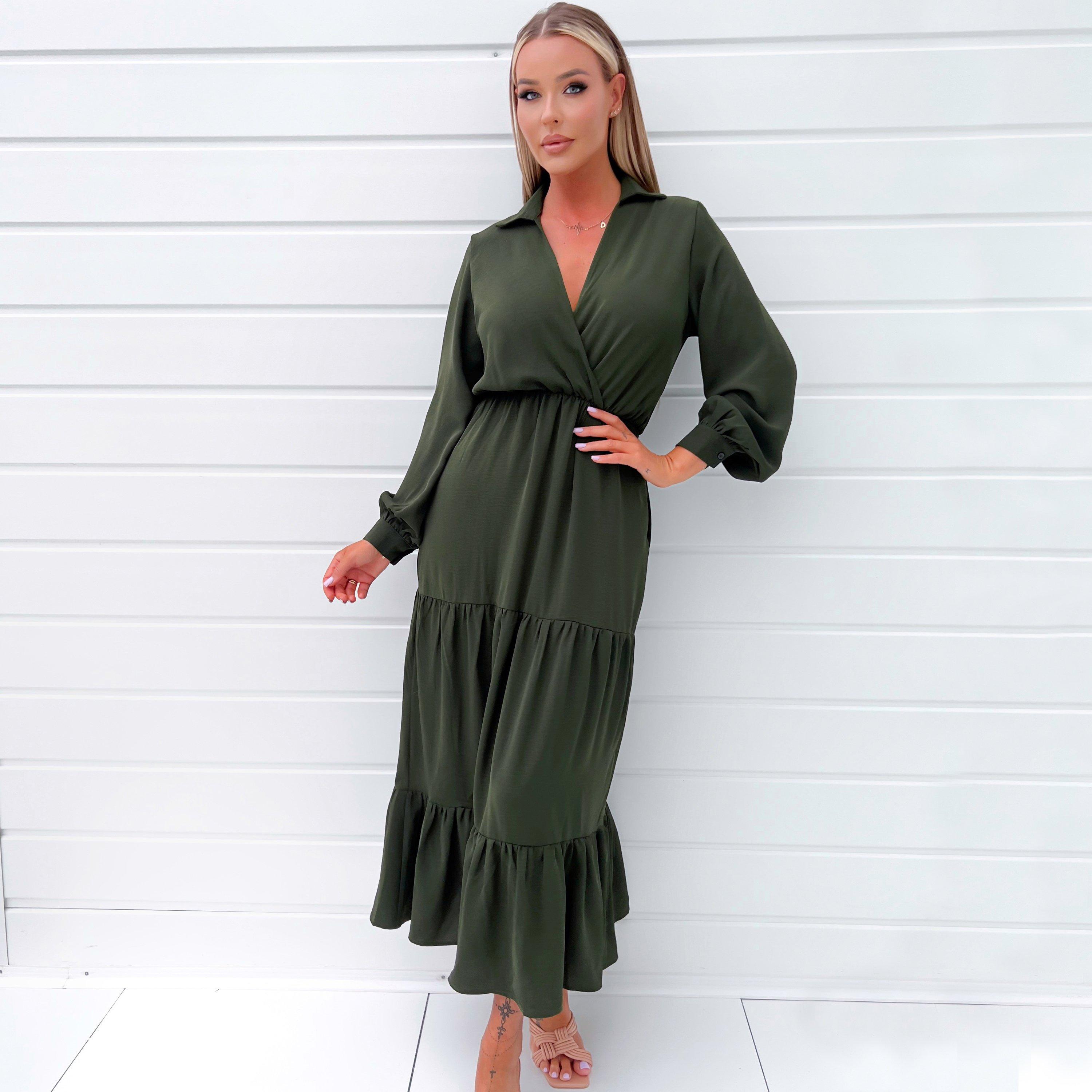 Olive - AX Paris - Long Sleeve Wrap Top Smock Midi Dress - 1