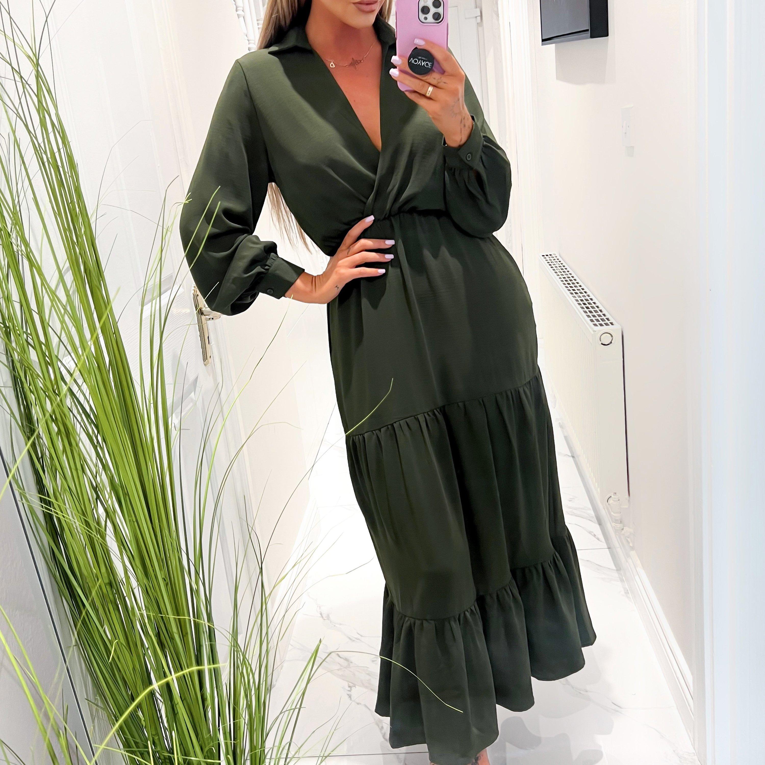 Olive - AX Paris - Sleeve Wrap Top Smock Midi Dress - 4