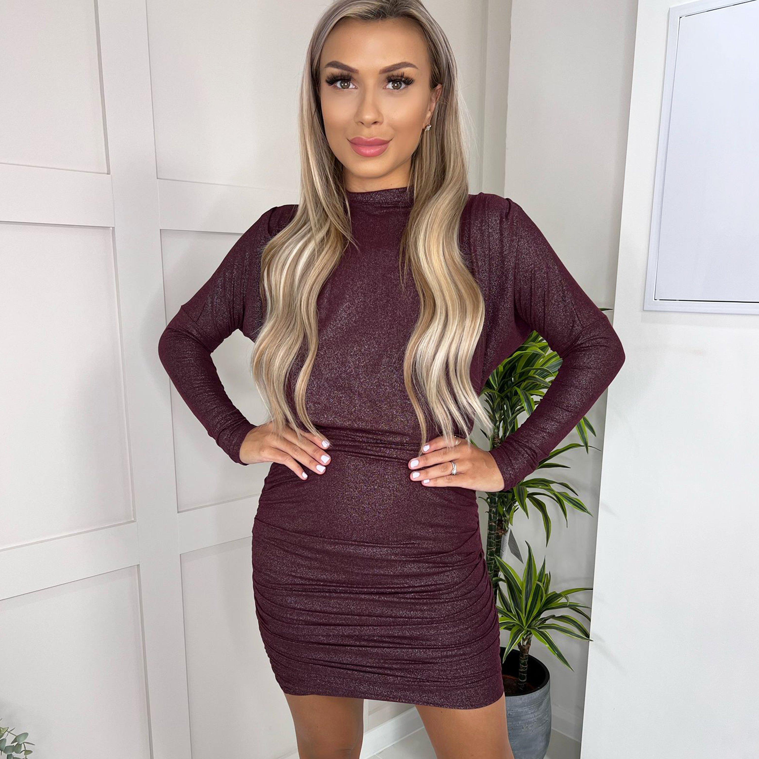 Plum - AX Paris - Sleeve Ruched High Neck Shimmer Bodycon Mini Dress - 3