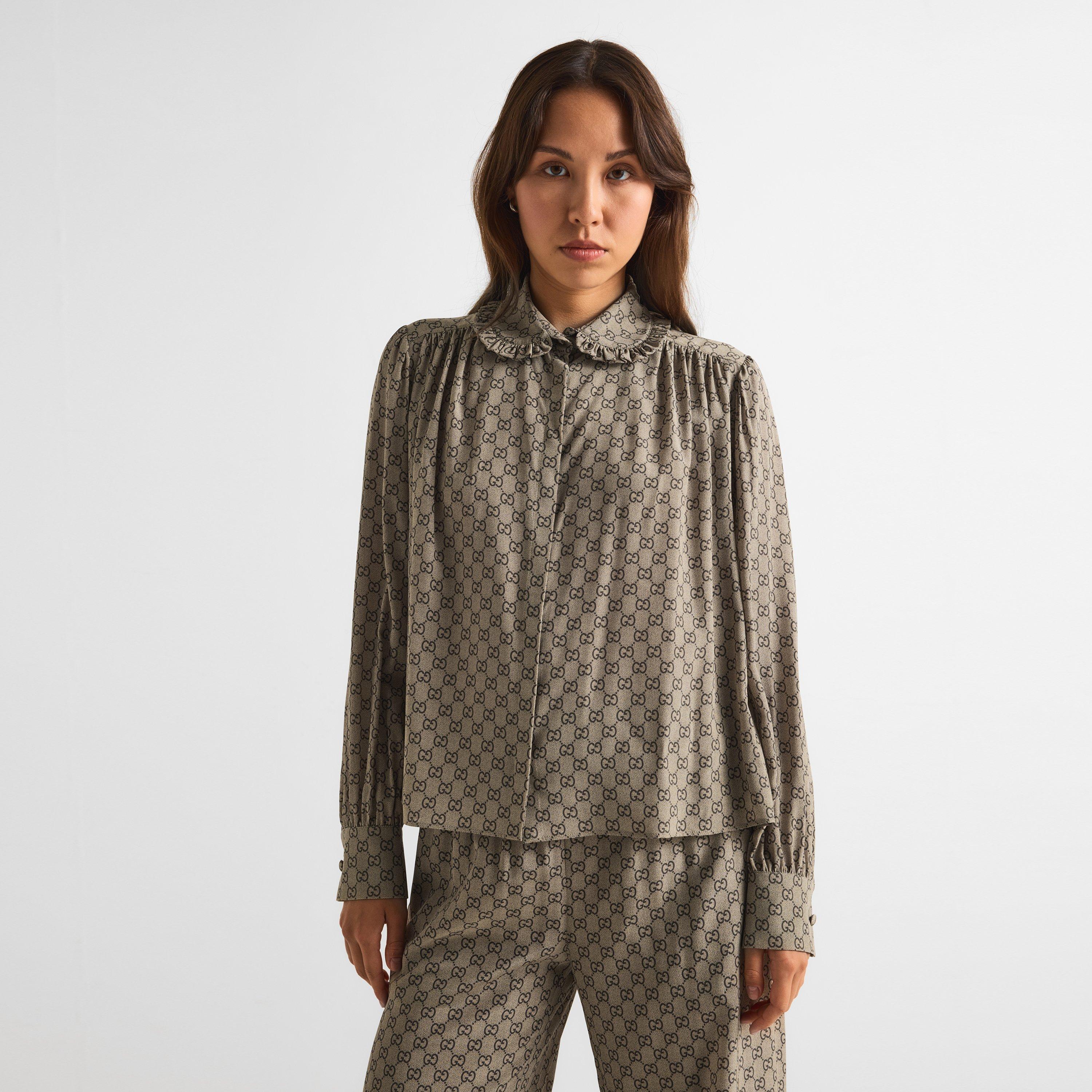 Beige/Ebony - Gucci - Women's GG Monogram Silk Long-Sleeve Patterned Shirt - 3