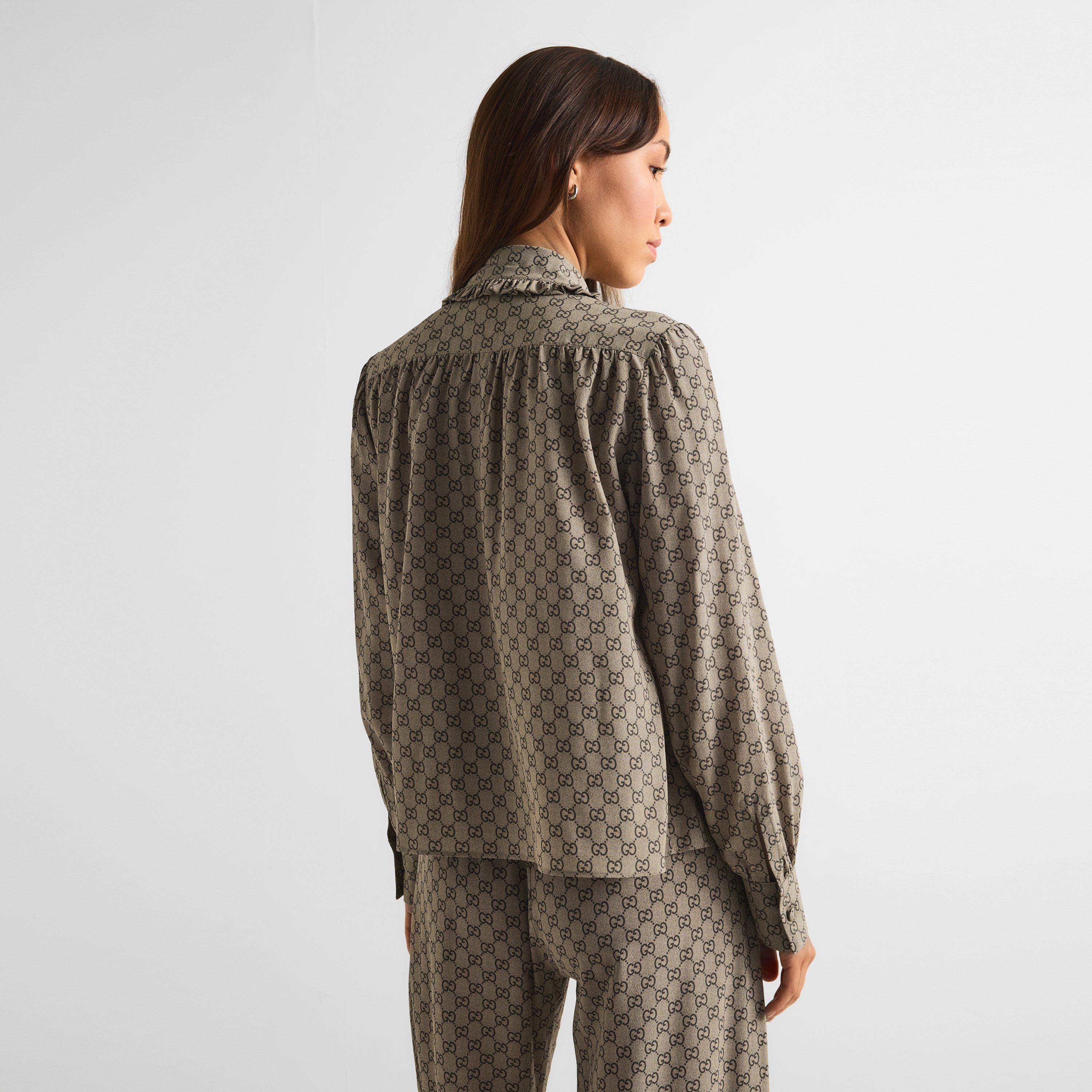 Beige/Ebony - Gucci - Women's GG Monogram Silk Long-Sleeve Patterned Shirt - 4