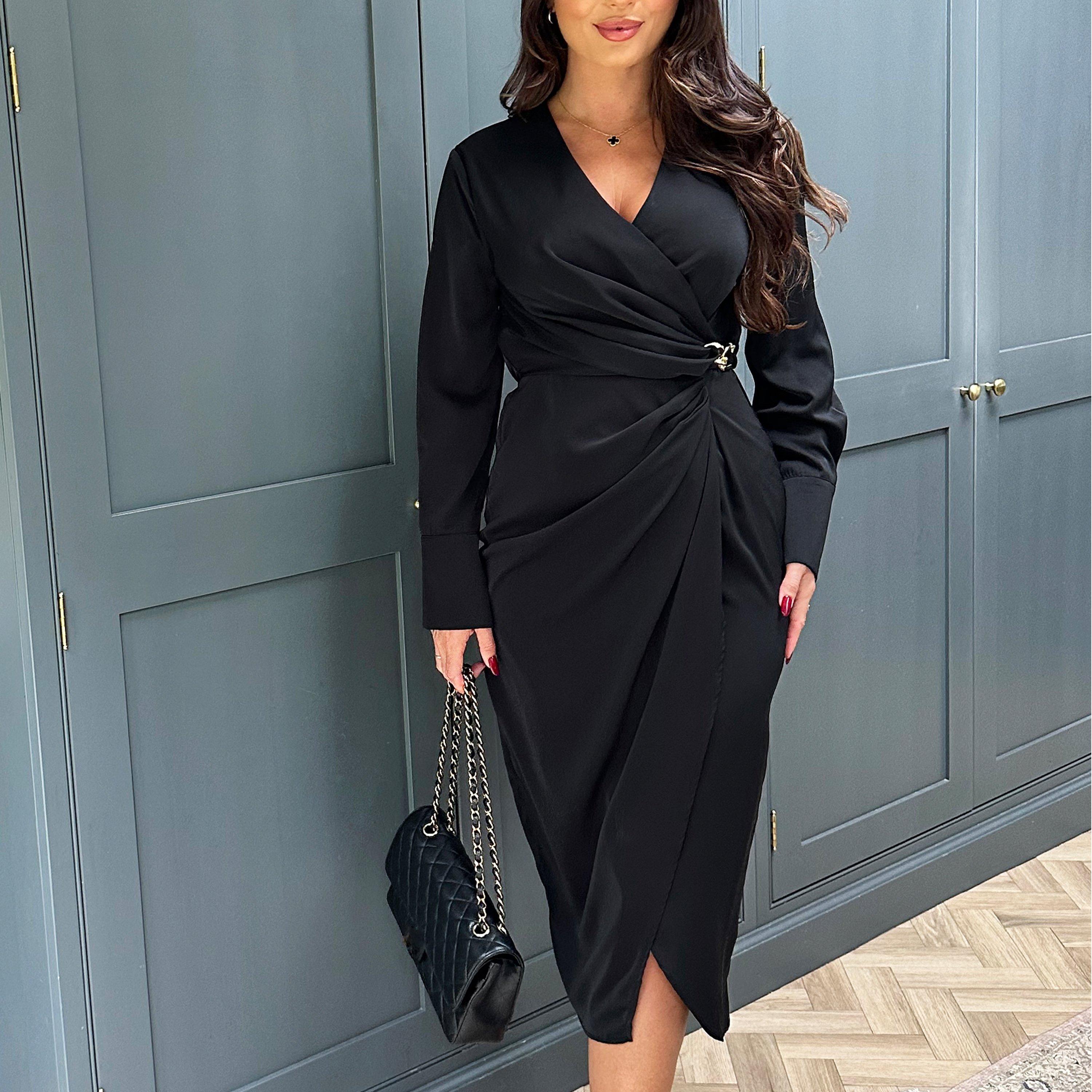 Black - AX Paris - Wrap Gold Buckle Midi Dress - 3