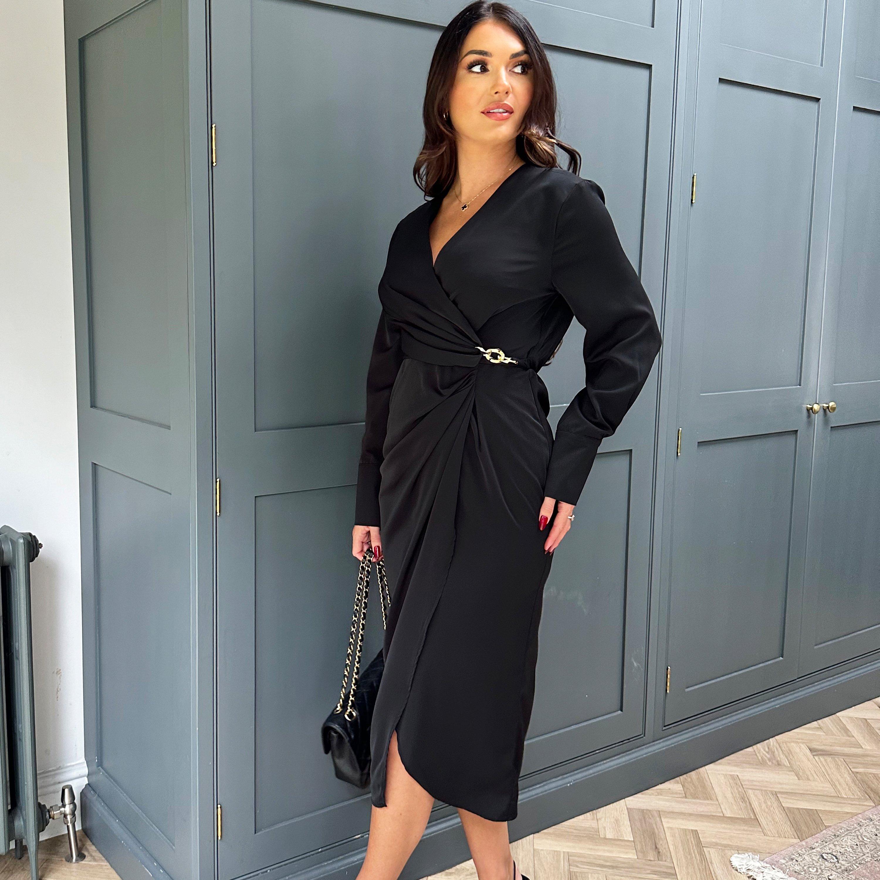 Black - AX Paris - Wrap Gold Buckle Midi Dress - 4