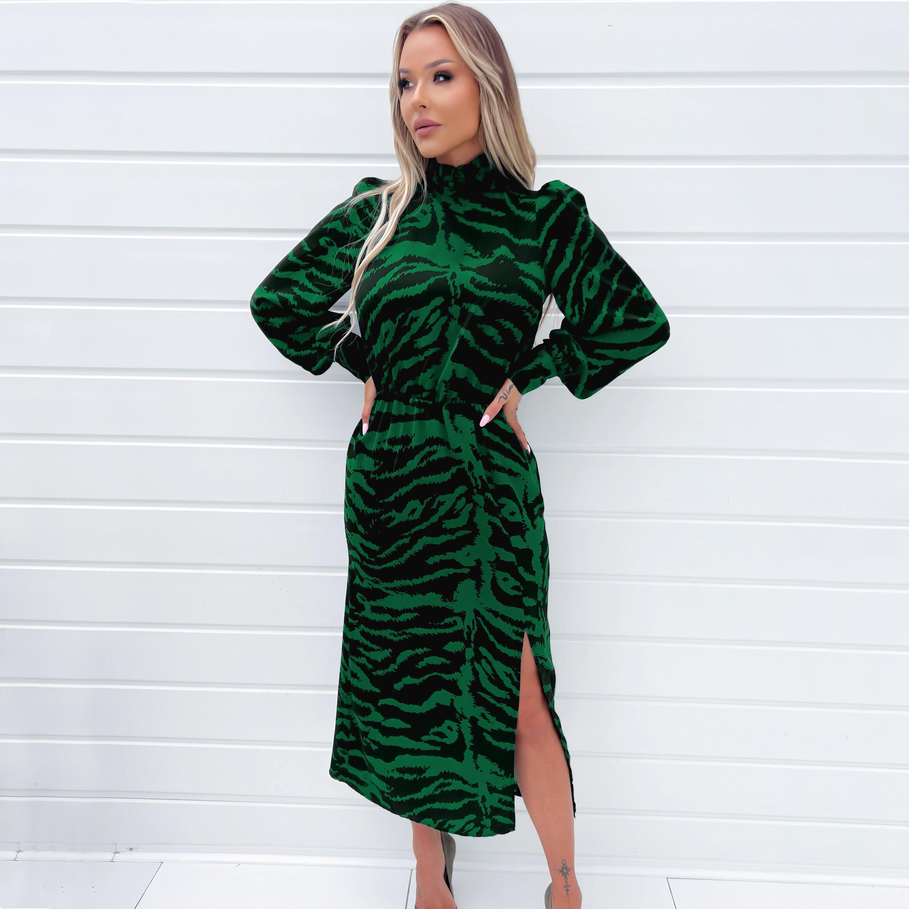 Green - AX Paris - Green Animal Print High Neck Long Sleeve Midi Dress - 1