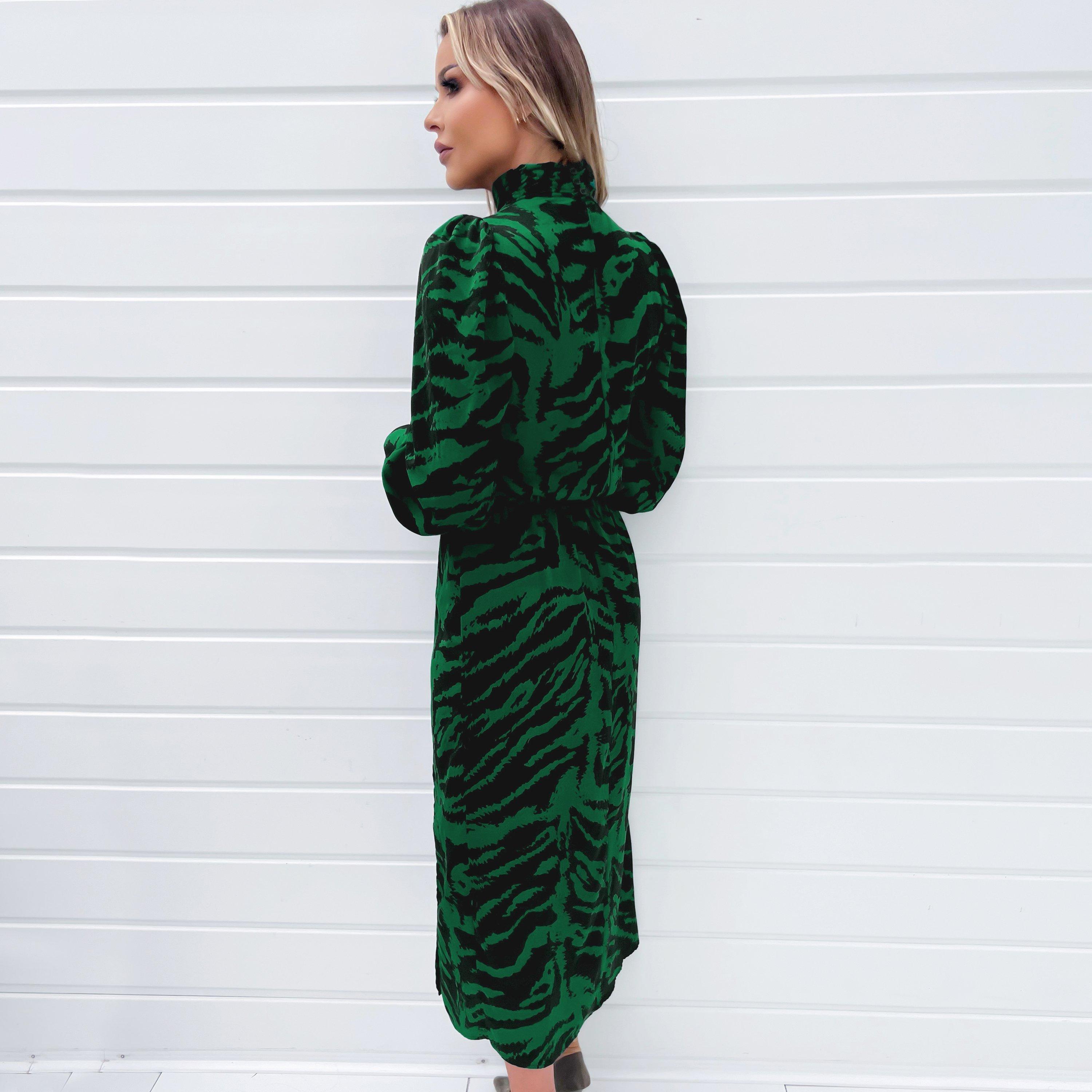Green - AX Paris - Animal Print High Neck Long Sleeve Midi Dress - 2