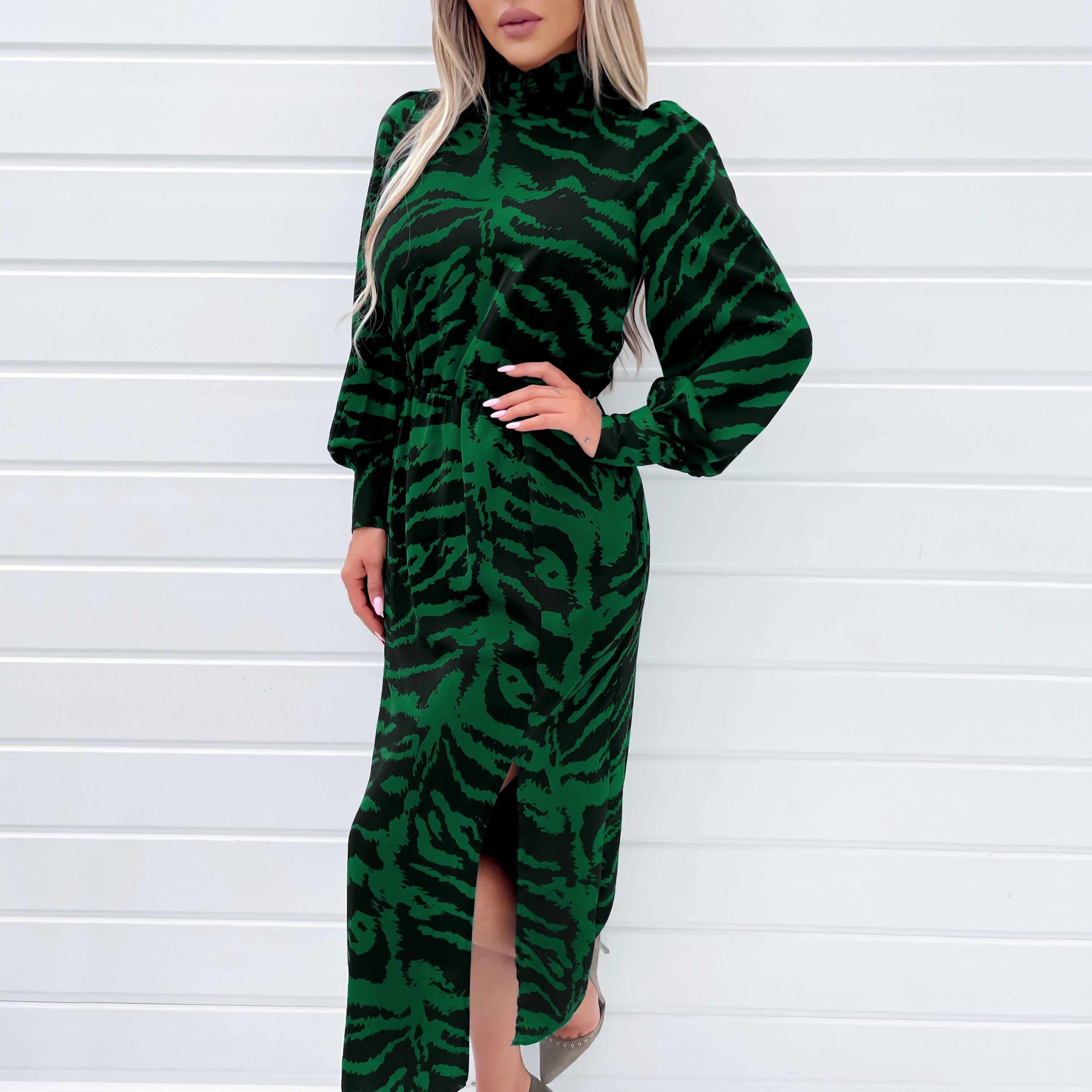 Green - AX Paris - Animal Print High Neck Long Sleeve Midi Dress - 3