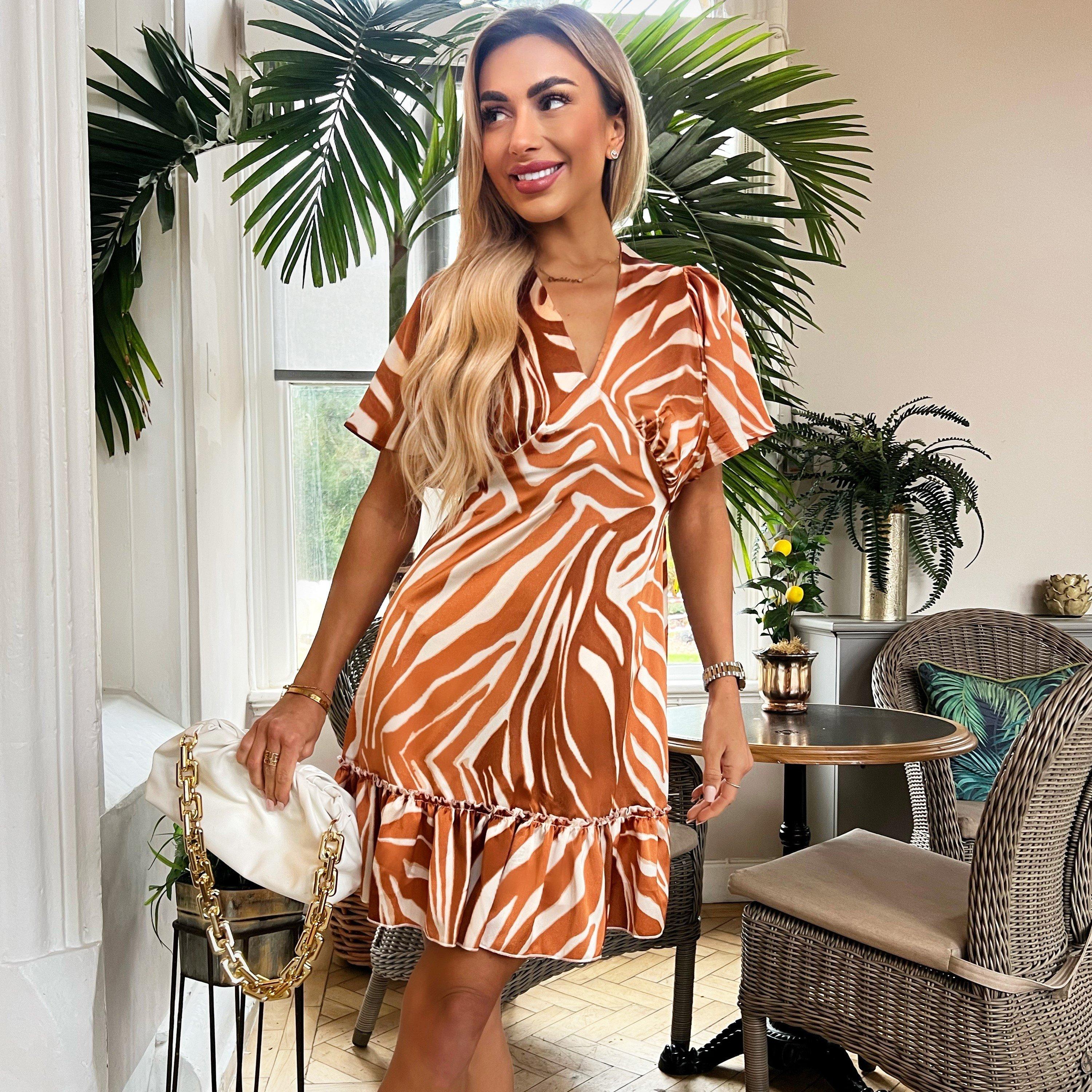 Rust - AX Paris - Printed Short Sleeve V Neck Mini Dress - 3