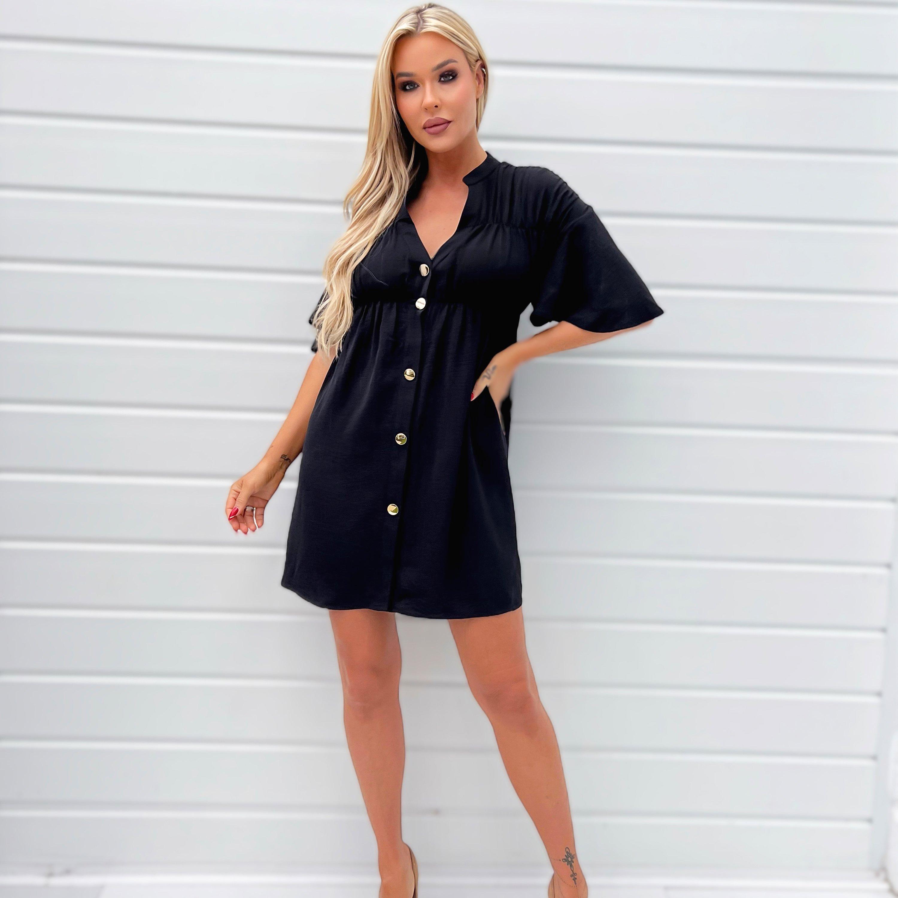 Black - AX Paris - Button Up Ruched Detail Smock V-Neck Dress - 1