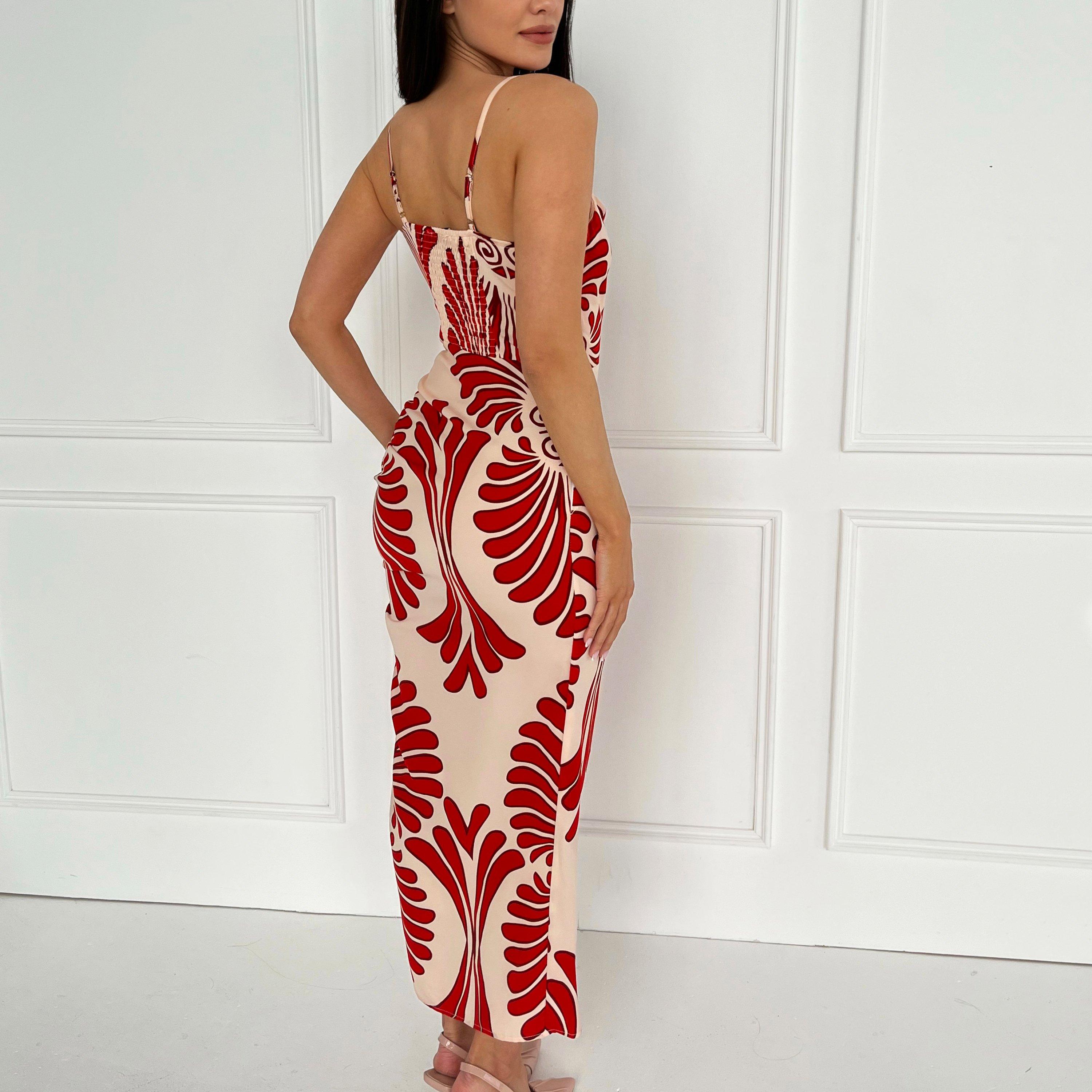 Burnt Orange - AX Paris - Orange Abstract Print Cowl Neck Ruched Side Strappy Midi Dress - 2