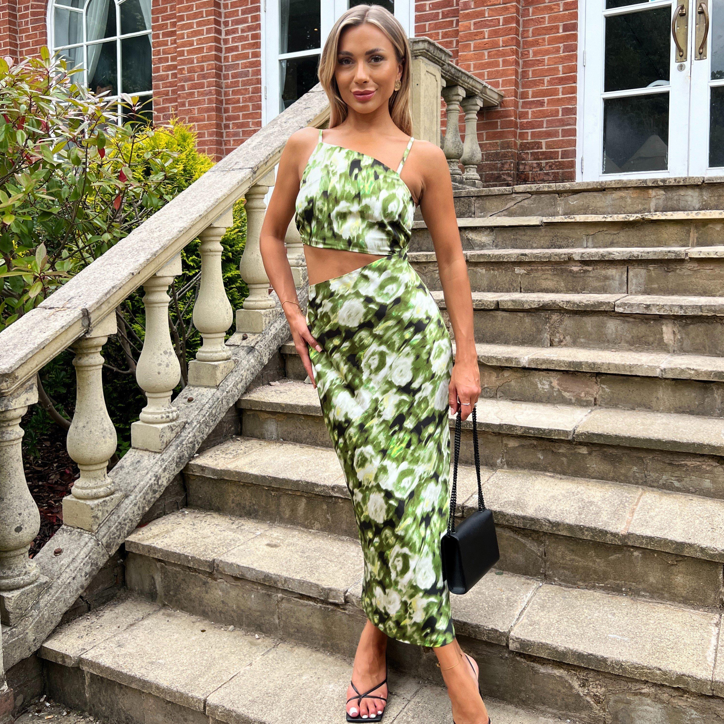 Green - AX Paris - Green Printed Asymmetric Cut Out Midi Dress - 1