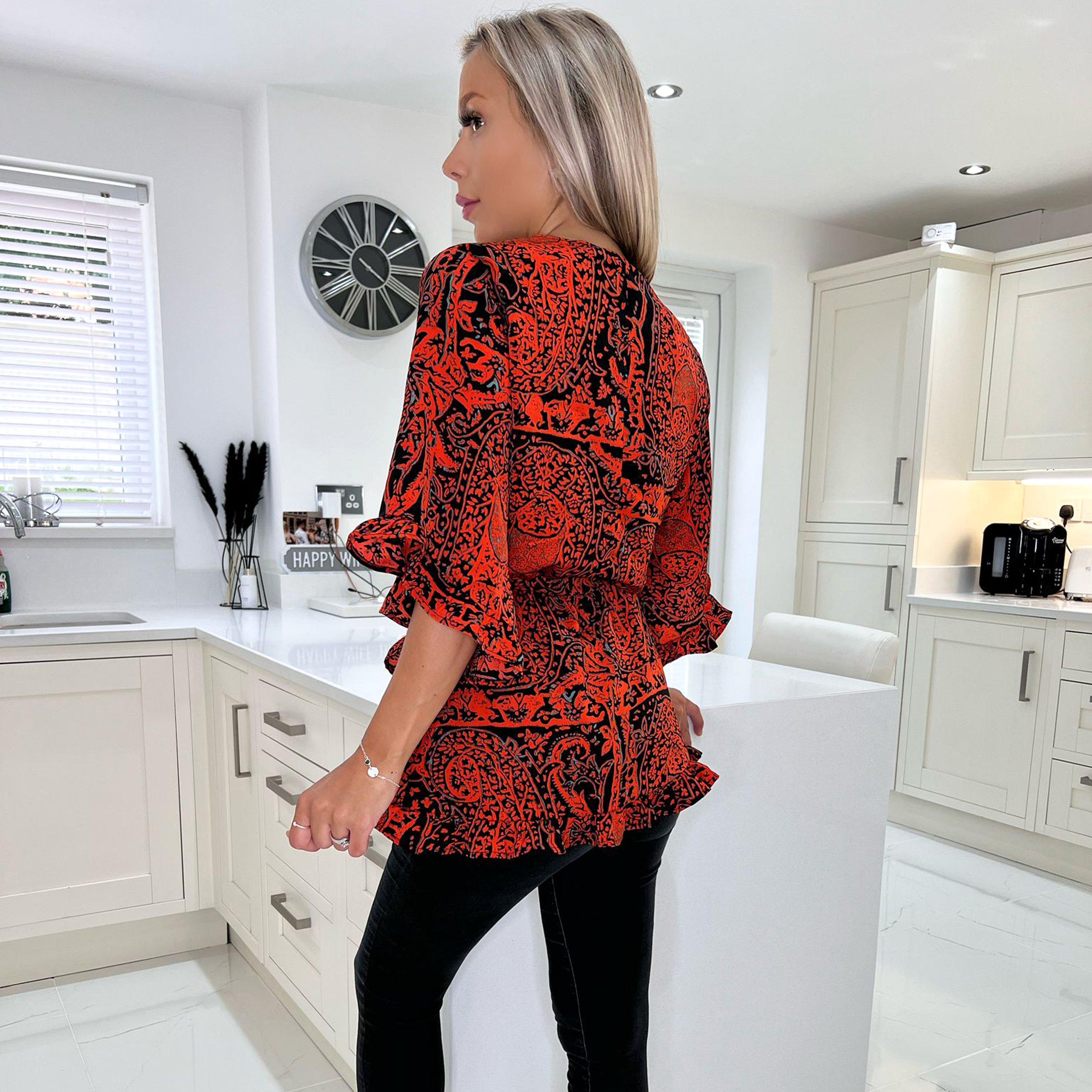 Red/Black - AX Paris - And Black Printed Frill Hem Wrap Top - 2