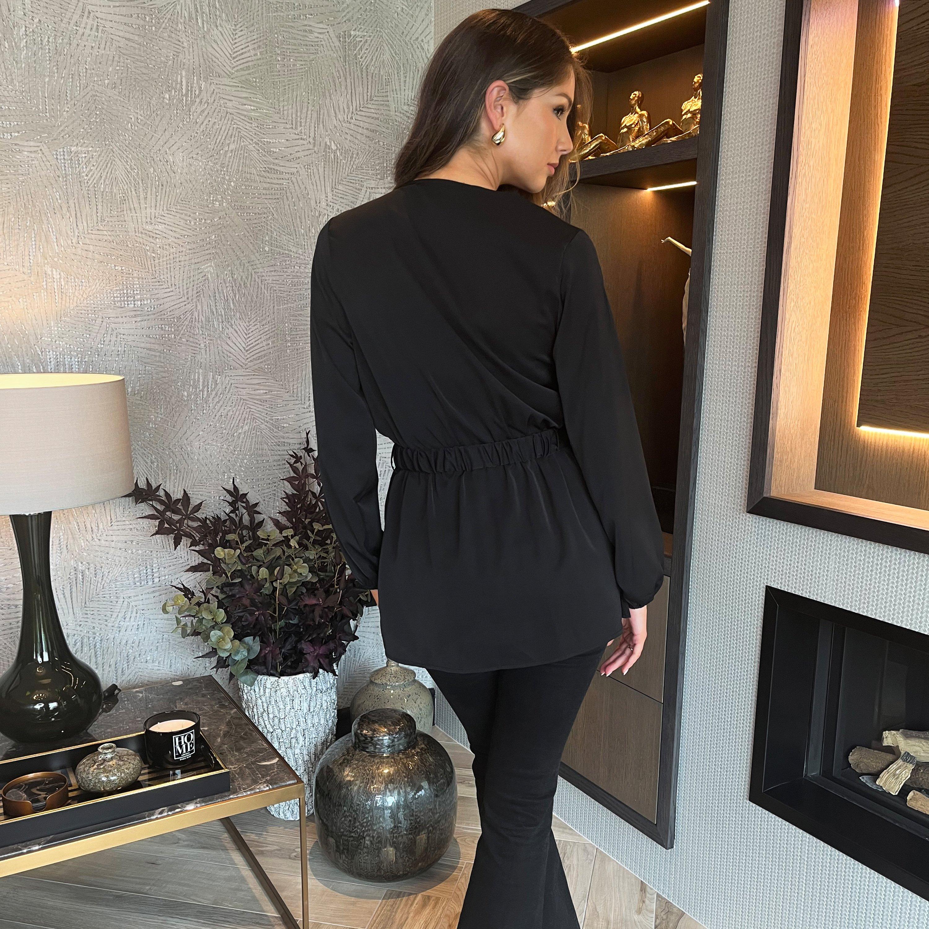 Black - AX Paris - Long Sleeve Gold Detail Belt Wrap Top - 2