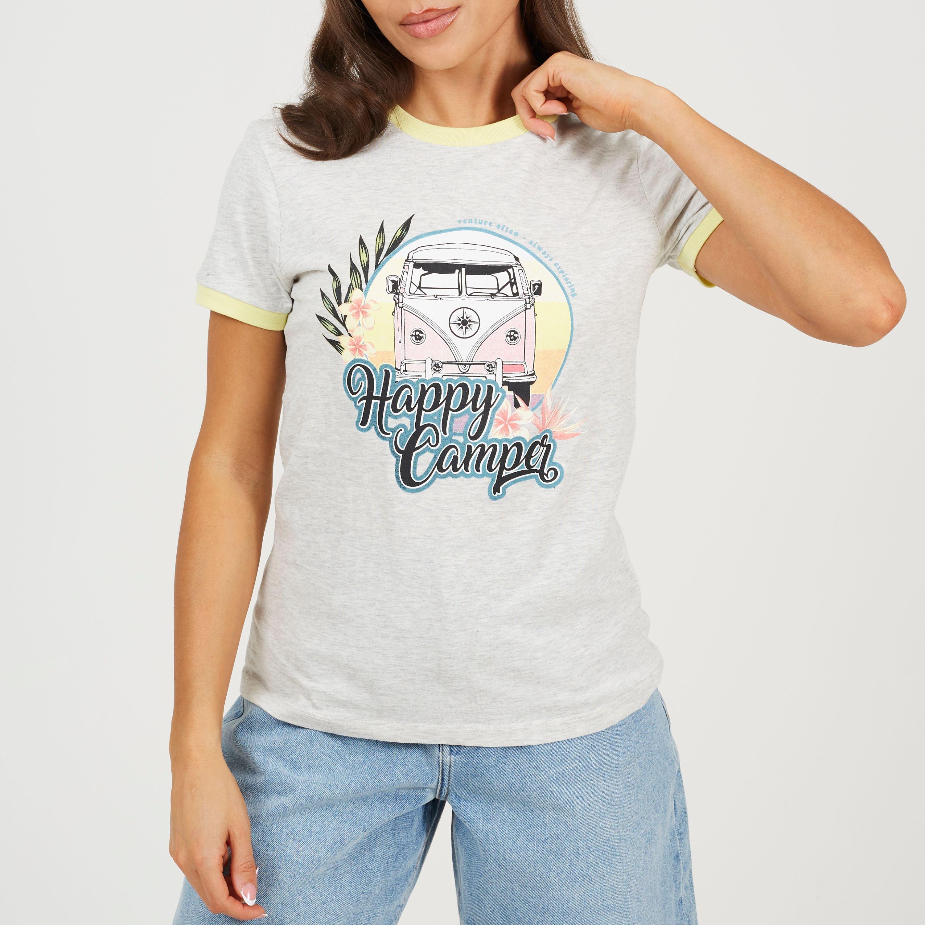 PGry Marl/Lmnde - Brave Soul - Womens Happy Camper Graphic Ringer T-shirt - 1