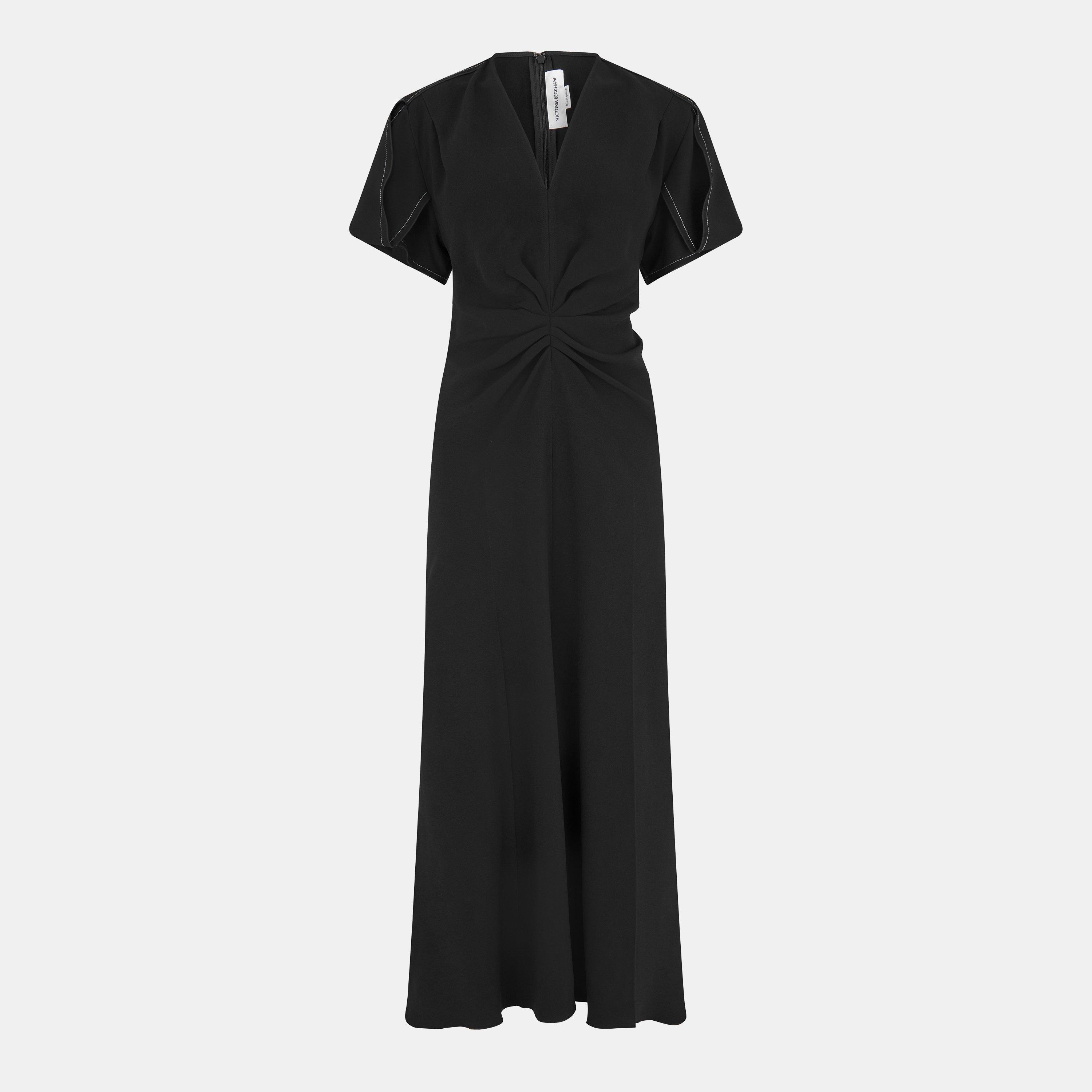 Victoria Beckham Gathered V-Neck Midi Dress - Black - Size UK 12