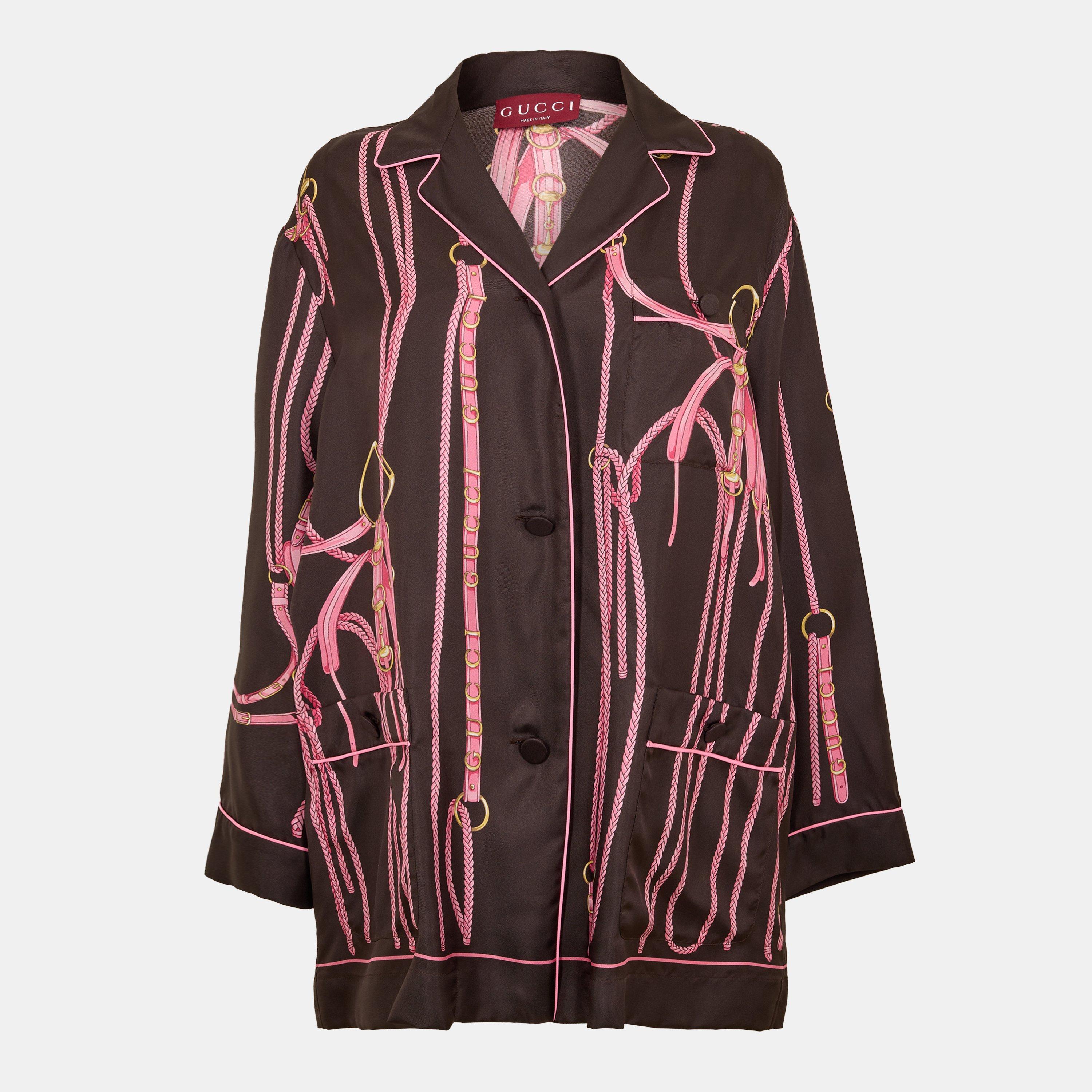 Brown/Pink - Gucci - Women's Flowy Short Sleeve Patterned Relaxed Fit Shirt - 1