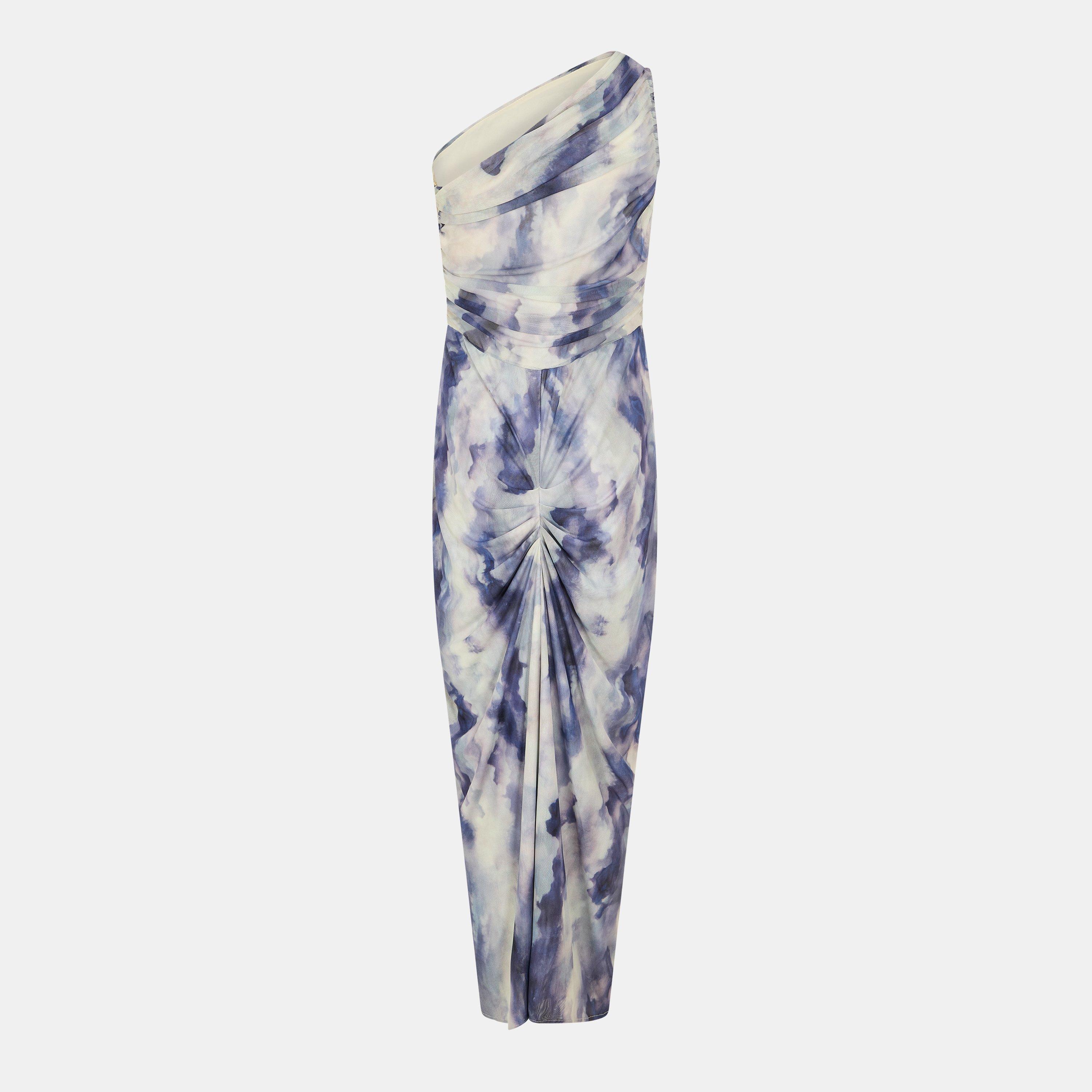 Blue - AX Paris - Watercolour Print One Shoulder Knot Skirt Mesh Midi Dress - 2