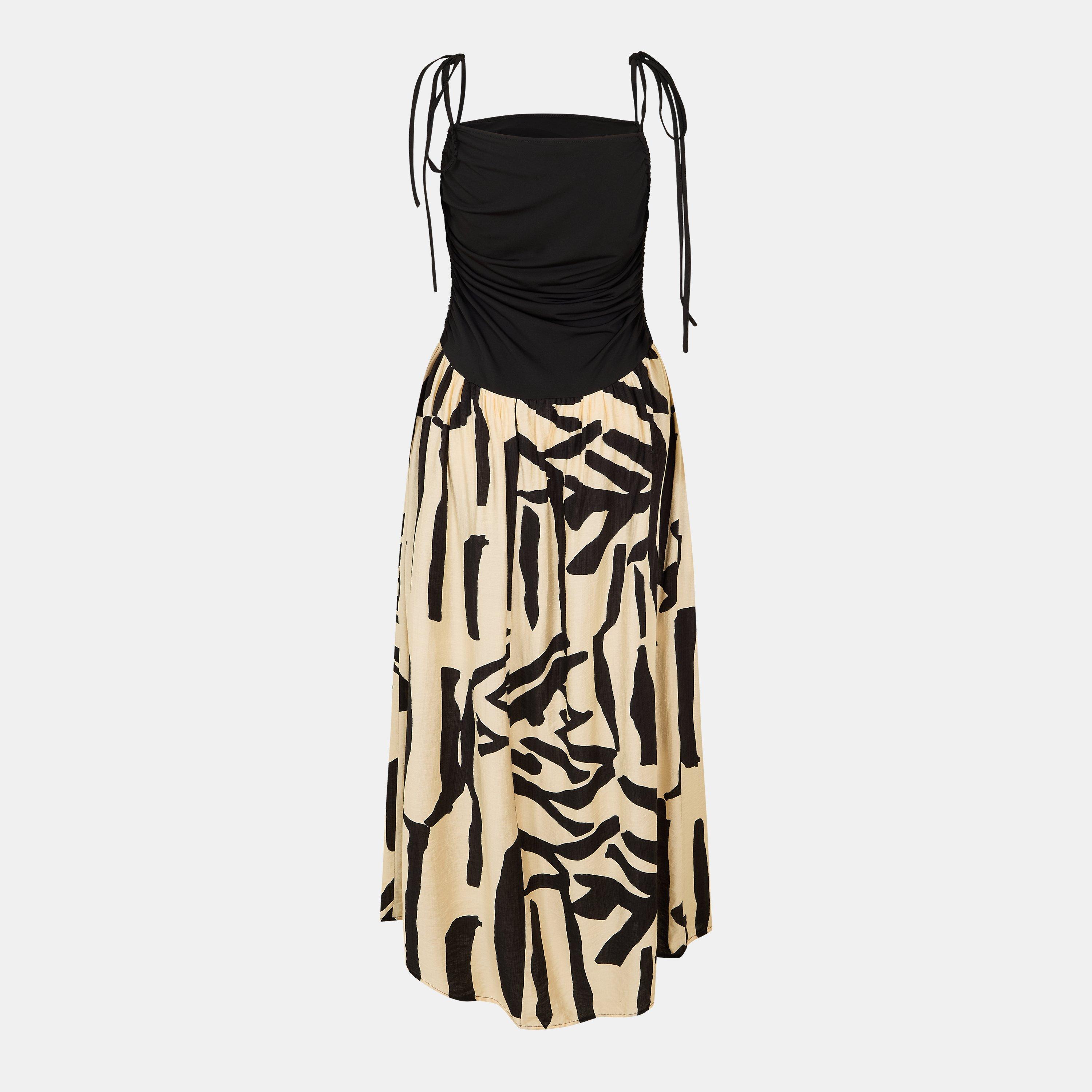 Blk/Wht - AX Paris - Drawstring Tie Straps Ruched Top Midi Dress - 2